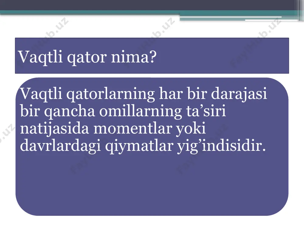 figini qurish va uni tahlil qilish, dinamikaning ayrim asosiy ko’rsatkichlarini hisoblash usullarini kiritish mumkin. tendentsiya turlarini aniqlashda qator darajalarining avtokorrelyatsiya koeffitsientlarini qo’llash mumkin. tendentsiya turi berilgan va qayta tuzilgan qatorlar darajalari bo’yicha hisoblangan birinchi tartibli avtokorrelyatsiya koeffitsientlarini solishtirish yo’li bilan aniqlanadi. agar vaqtli qator chiziqli tendentsiyaga ega bo’lsa, yonma-yon darajalar -yt va yt -1larning korrelyatsiyasi yuqori bo’ladi. bunday holatda berilgan vaqtli qatorning birinchi tartibli avtokorrelyatsiya koeffitsienti yuqori bo’lishi kerak. agar vaqtli qator chiziqli bo’lmagan tendentsiyaga ega bo’lsa, masalan, eksponentsial shaklda bo’lsa, u holda berilgan qator darajalarining logarifmlari bo’yicha birinchi tartibli avtokorrelyatsiya koeffitsienti qator darajalari bo’yicha hisoblangan mos koeffitsientlardan yuqori bo’ladi. tendentsiya turlarini aniqlashning bir qancha usullari mavjud. vaqtli qatorda chiziqli bo’lmagan tendentsiya qanchalik kuchli bo’lsa, olingan koeffitsientlar shunchalik yuqori darajada farqlanadi. alohida vaqtli qatorlarni ekonometrik tadqiq qilish – yuqorida olingan ma’lumotlarni qatorning kelajakdagi qiymatlarini bashoratlash uchun yoki ikki va undan ko’p davriy qatorlarning o’zaro bog’langan modellarini tuzishda qo’llash uchun komponentalarning …
