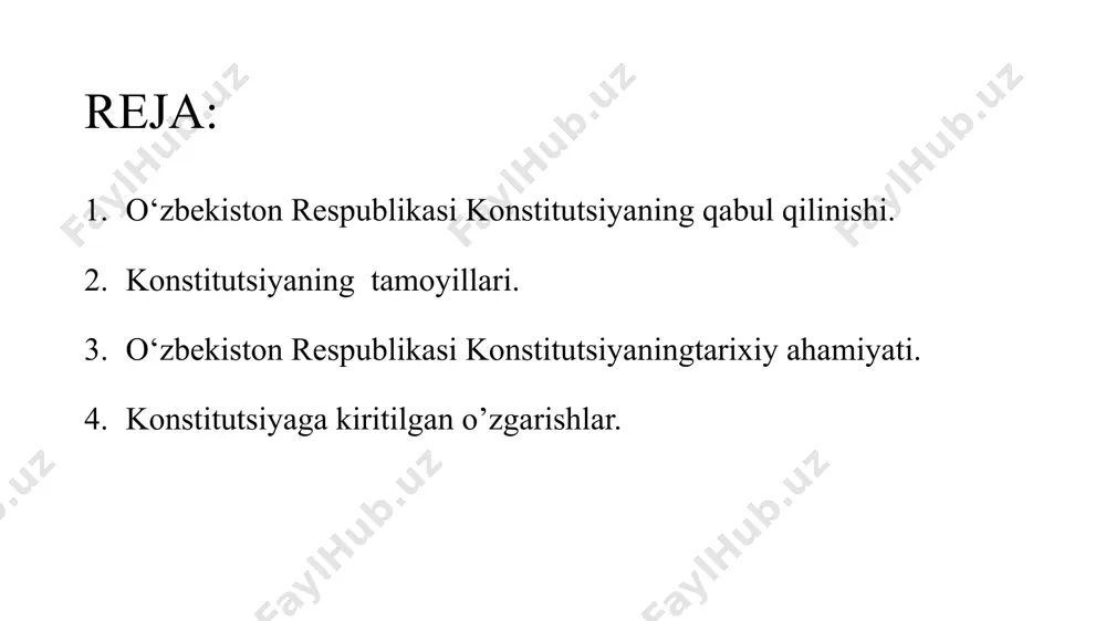 ur edi. 1992-yil bahorida esa loyihaning 149 - moddadan iborat ikkinchi varianti ishlab chiqildi. 1992-yil 26-sentyabrda o‘zbekiston respublikasining konstitutsiyasi loyihasi umumxalq muhokamasi uchun matbuotda e’lon qilindi. muhokama 2 oycha davom etdi. muhokama jarayonida bildirilgan takliflar asosida tuzatishlar kiritilgan loyiha 1992-yil 26- noyabrda matbuotda ikkinchi marta e’lon qilindi. umumxalq muhokamasi davrida 6 mingdan ortiq taklif va mulohazalar bildirildi, ular inobatga olindi. birinchi prezident islom karimov o‘zbekiston konstitutsiyasini ishlab chiqishga rahbarlik qildi va o‘zining katta hissasini qo‘shdi. unda mamlakatning asosiy qonunini qabul qilish masalasini muhokama qildi. sessiyada deputatlar loyihaga 80 ga yaqin o‘zgartirish, qo‘shimcha va aniqliklar kiritdilar. shunday qilib, shu kuni o‘zbekiston respublikasi oliy kengashining xi sessiyasi «o‘zbekiston respublikasining konstitutsiyasini qabul qilish to‘g‘risida», «o‘zbekiston respublikasining кonstitutsiyasi qabul qilingan kunni umumxalq bayrami deb e’lon qilish to‘g‘risida» va «o‘zbekiston respublikasining konstitutsiyasini amalga kiritish tartibi to‘g‘risida»gi qonunlarni qabul qildi. o‘zbekiston respublikasining konstitutsiyasi 6 bo‘lim, 26 bob, 128 moddadan iborat. u «mustaqillik deklaratsiyasi», «o‘zbekiston respublikasining davlat …