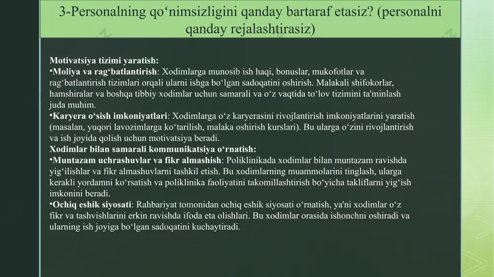 y tarmoqlar orqali malakali nomzodlarni qidirish. bu platformalarda professional tajriba, ko‘nikmalar va maqsadlar haqida to‘liq ma'lumotlar mavjud. 2. kasbiy treninglar va amaliyotlar amaliyot orqali tanlash: nomzodlarni ishga olishdan oldin ular uchun qisqa muddatli amaliyot yoki stajirovka tashkil etish. bu usul orqali nomzodning real ish muhitidagi qobiliyatlari va ularning moslashuvchanligi aniqlanadi. malakali treninglar: nomzodlarni maxsus trening yoki o‘quv dasturlariga jalb qilish, bu jarayonda ularning o‘qishga bo‘lgan munosabati va o‘rganishga tayyorligini aniqlash mumkin. image2.png image3.png /docprops/thumbnail.jpeg