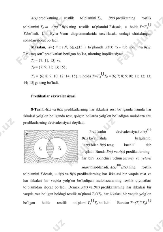 yangi mulohaza esa bo`ladigan ning qiymati bildiradi. misol. mavzu boshlanishida keltirilgan : “x yozuvchi angliyada ijod qilgan” predikatni qaraymiz. u holda ko`rinishdagi yangi mulohaza “barcha yozuvchilar angliyada ijod qilgan” kabi, ko`rinishdagi yangi mulohaza esa “ayrim yozuvchilar angliyada ijod qilgan” kabi o`qiladi. bunda birinchi mulohaza yolg`on, ikkinchi mulohaza esa rost bo`ladi. predikatlar va kvantorlar yordamida tavtologiyalarni hosil qilish mumkin. inkor amali bilan bog`liq bo`lgan ikkita muhim bo`lgan mantiqiy qonunlarni keltiramiz: , . bu qonunlarnining ma’nosini tushunish uchun misol keltiraylik. misol. yuqorida keltirilgan : “x yozuvchi angliyada ijod qilgan” predikatni qaraymiz. formula “angliyada ijod qilgan yozuvchilar mavjud emas” mulohazani, formula esa unga teng kuchli mulohaza bo`lgan “barcha yozuvchilar angliyada ijod qilmagan” mulohazani bildiradi. xuddi shunday, formula “hamma yozuvchilar angliyada ijod qilganligi noto`g`ri” mulohazani, formula esa unga teng kuchli mulohaza bo`lgan “angliyada ijod qilmagan yozuvchilar bor” mulohazani bildiradi. misol. predikatlar yordamida quyidagi mulohazani yozamiz: “barcha ma’lum bo`lgan so`zlar tarjimasi lug`atda keltirilgan. shunday yangi …