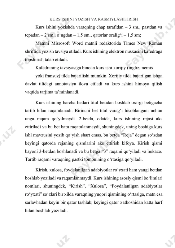 uvdan nuqta bilan ajratiladi. raqamli materiallar jadval ko‘rinishida rasmiylashtirilishi lozim. har bir jadval sarlavhaga ega bo‘lishi kerak. sarlavha bosh harf bilan boshlanadi, sarlavahaning tagiga chizilmaydi, jadval nomining oxiriga nuqta qo‘yilmaydi. jadvalning sarlavhasi uning yuqorisiga, o‘rtaga yozilishi tavsiya etiladi. jadval ustunlarining sarlavhalari bosh harflar bilan, sarlavhachalar esa, agar ular sarlavhadagi gapning davomidan iborat bo‘lsa, kichik harflar bilan, agar ular mustaqil bo‘lsa, katta harflar bilan boshlanishi kerak. mavzular 1. tashkilot mahsulotlariga bo'lgan talabni tahlil qilish va prognozlash muammolarini hal qilish uchun tashkilot uchun ma'lumotlar bazasini loyihalash 2. ulgurji yoki chakana savdo tashkilotida, tovarlarni hisobga olishni avtomatlashtirishni tashkil etish bo‘yicha ma’lumotlar bazasini ishlab chiqish. 3. kutubxona fondlarining hisobini avtomatlashtirishni tashkil etish uchun ma’lumotlar bazasini yaratish 4. tashkilotning kadrlar hisobini avtomatlashtirishni tashkil etish bo'yicha ma'lumotlar bazasi yaratish 5. omonatchilar va bank omonatlarini hisobga olishni avtomatlashtirishni tashkil etish uchun ma’lumotlar bazasini loyihalash 6. tashkilot uchun avtotransport vositalarini ro‘yxatdan o‘tkazish bo‘yicha ma’lumotlar bazasini ishlab chiqish. 7. …