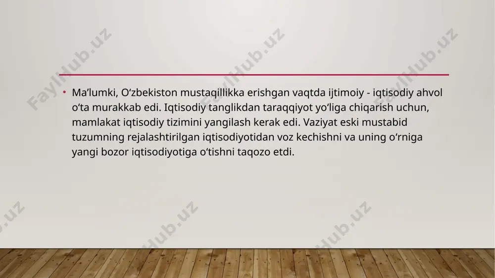 joriy qilish tadbirlarini ko‘rdi. o‘zbekiston prezidentining 1994 - yil 16 - iyunda e’lon qilingan “o‘zbekiston respublikasining milliy valyutasini muomalaga kiritish to‘g‘risida”gi farmoniga muvofiq, 1994 - yil 1 - iyuldan boshlab o‘zbekiston respublikasining milliy valyutasi – so‘m muomalaga kiritildi. zamonaviy transport-kommunikatsiya tizimining shakllanishi. respublika mustaqillikka erishganidan keyin transportning iqtisodiyotga va aholiga xizmat ko‘rsatish sifatini tubdan yaxshilash va soha boshqarish tizimini takomillashtirish maqsadida “o‘zbekiston havo yo‘llari” milliy aviakompaniyasi (1992 - yil), “o‘zbekiston avtomobil transporti” (“o‘zavtotrans”) davlat- aksiyadorlik korporatsiyasi (1993 - yil, 1998 - yildan o‘zbekiston avtomobil va daryo transporti agentligi), “o‘zbekiston temir yo‘llari” aksiyadorlik kompaniyasi (1994 - yil) va boshqa idoralar tashkil etildi. agrar islohotlar; . milliy istiqlol yillarida mamlakat hukumati tomonidan qabul qilingan me’yoriy-huquqiy hujjatlar asosida mamlakat qishloq xo‘jaligida agrar islohotlar amalga oshirildi. qishloqda amalga oshirilgan agrar islohotlar natijasida mamlakatda ko‘p ukladli xo‘jaliklar shakllantirildi. 1990 - yilda aholi iste’moli uchun zarur bo‘lgan g‘allaning 82%, kartoshka, go‘sht va go‘sht mahsulotlarining 50%, sut …