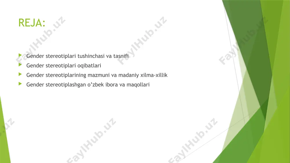 tishi haqidagi jamiyatda shakllangan umumlashtirilgan gʻoyalar (eʼtiqodlar) dan farqlanishi kerak. buning uchun erkak va ayolni turli yoʻllar bilan tasvirlaydigan maxsus atamalar va soʻzlar mavjud boʻlib, barchasi alohida aks ettirilgan jamoat ongining namoyon boʻlish shakllari — stereotiplarni mujassam etadi. . anʼanaga koʻra, stereotip soʻzi maʼlum bir sxema sifatida tushuniladi, uning asosida axborotni idrok etish va baholash amalga oshiriladi. ushbu sxema maʼlum bir hodisani, ob’ektni umumlashtirish funktsiyasini bajaradi. odatda uning yordami bilan inson harakat qiladi hodisalarni baholaydi yoki oʻylamasdan avtomatik ravishda harakat qiladi[4]. ijtimoiy stereotip tushunchasi shaxsning qobiliyatini bildiradi. atrofdagi dunyoni umumlashtirilgan tarzda baholash, ijobiy xulosalar va tanqidiy xulosalar chiqarishga, uning asosi boʻlib xizmat qiladi. ijtimoiy stereotiplarning ijobiy tomoni shundan iboratki, maʼlumot yetishmasligi yoki davom etayotgan oʻzgarishlar va sharoitlarda tezda harakat qilishni oʻrgatadi. gender stereotiplari oqibatlari jamiyat uchun tarixan shakllangan gender stereotiplarini yengib oʻtish qiyin va ayollarning yetakchiligini qabul qilish har doim ogʻriqli boʻlgan. demokratik institutlarning shakllanishi va siyosiy madaniyatning rivojlanishi, oʻz …