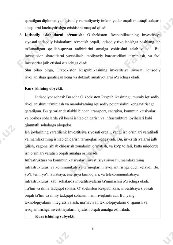safarbar etishni bildiradi. koʻpgina hollarda «investitsiya» tushunchasi iqtisodiy va boshqa faoliyat obyektlariga kiritiladigan moddiy va nomoddiy ne’matlar hamda ularga doir huquqlar tarzida ta’riflanadi. investitsiya deganda barcha turdagi milliy va intellektual boyliklar tushunilib, ular tadbirkorlik faoliyati obyektlariga yoʻnaltirilib daromad keltirishi yoki biror-bir ijobiy samaraga erishishi zarur. investitsiya kiritishdan asosiy maqsad daromad olish va ijobiy ijtimoiy samaraga erishishdir. . investitsion jozibadorlikni oshirish borasida iqtisodchi olimlar quyidagi fikrlarni keltirganlar. xususan, v.a. babushkin, d.a. ednovitskiylar investitsion jozibadorlikni tavakkalchilik bilan bogʻlaydilar. ular investitsion jozibadorlik deganda tashkilotning shunday holati tushunadiki, bunda “kapital egasida tavakkalchilikka borish, shuningdek, pul koʻrinishida va asosiy vositalar shaklidagi investitsiyalar oqimini ta’minlash istagi paydo boʻladi. bu vaziyatda kapital ta’minlovchi va ma’lumot oluvchilarning ishonchi tashkilotning investitsion jozibadorlik darajasining asosiy va juda sezuvchan hosilasi hisoblanadi”. y. mitskevichning fikricha, investitsiya bu daromad olish yoki ijtimoiy samaraga erishish maqsadida moddiy va moliyaviy vositalarni, shuningdek, mol-mulkka hamda intellektual mulkka boʻlgan huquqlarni turli faoliyat obyektlariga qoʻyilma sifatida jalb qilishdir[footnoteref:1]. …