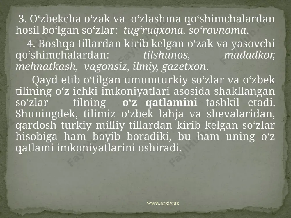 dir. bu so‘zlar ham chegaralangan leksik birliklar qatoriga mansub bo‘lib, jargonlar yuqori sinf vakillari nutqida qo‘llanilib kelingan dorulmulk, dorulbaqo, shaxriyori falak, oftobi olam, ne’mati jannat singari so‘zlarni o‘z ichiga oladi. argolar esa, yakan, loy, mullajiring, ko‘ki, karamcha - pul, bedana – to‘pponcha kabi yashirin ma’noli so‘zlardan iborat. tilning ijtimoiy-dialektal qatlamiga mansub so‘zlar badiiy adabiyotda voqelikni ishonarli chiqishi uchun personajlar nutqini induviduallashtirish vositasi sifatida muhim ahamiyatga ega bo‘ladi. www.arxiv.uz 4. o‘zbek tili leksikasining tarixiy - funksional xususiyatlari tilning lug‘at tarkibi tashkil etadigan so‘zlarning hayotiyligi faol yoki nofaolligiga bog‘liq. zero, tildagi ba’zi so‘zlar kundalik hayotda iste’mol etilish bilan xarakterlansa, boshqa bir guruh so‘zlar kundalik aloqada juda kam qo‘llanadi. shu bois so‘zlar tarixiy-funksional xususiyatiga ko‘ra faol va nofaol so‘zlarga ajraladi. faol so‘zlar adabiy tilning zamonaviy me’yoriga xos so‘zlari bo‘lib, ular kundalik aloqada eng ko‘p ishlatilishi bilan ajralib turadi. nofaol so‘zlar qatlami esa quyidagi uch turga bo‘linadi:1) tarixiy so‘zlar (istorizmlar), 2) eskirgan so‘zlar(arxaizmlar), 3) …