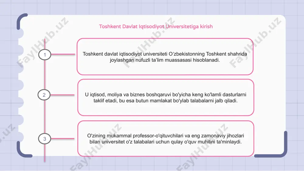 ari tanlagan yo‘nalish bo‘yicha muvaffaqiyatga erishishlari uchun zarur bo‘lgan bilim va ko‘nikmalarni egallashga mo‘ljallangan. tajribali professor-o'qituvchilar va zamonaviy jihozlar bilan talabalar yuqori sifatli ta'lim olishlari mumkin. toshkent davlat iqtisodiyot universitetida o‘quv dasturlari bilan bir qatorda talabalarning shaxsiy va kasbiy rivojlanishi uchun turli xil darsdan tashqari mashg‘ulotlar va imkoniyatlar taqdim etiladi. toshkent davlat iqtisodiyot universitetida tadqiqot va innovatsiyalar toshkent davlat iqtisodiyot universiteti turli sohalardagi ilmiy izlanishlar va innovatsiyalarga bag‘ishlangan. universitet iqtisodiyot rivojiga hissa qo'shadigan ilg'or tadqiqotlar olib borishga intiladi. toshkent davlat iqtisodiyot universiteti o‘zining ilmiy izlanishlari orqali real iqtisodiy muammolarga amaliy yechimlarni taqdim etishni maqsad qilgan. toshkent davlat iqtisodiyot universitetining hamkorlik va hamkorliklari toshkent davlat iqtisodiyot universiteti turli muassasa va tashkilotlar bilan mustahkam hamkorlik va hamkorlik aloqalarini yo‘lga qo‘ygan. ushbu hamkorlik va hamkorliklar ta'lim sifatini oshirish va talabalarga bilim olish va o'sish uchun keng imkoniyatlar yaratishga qaratilgan. ushbu hamkorliklar orqali universitet xalqaro almashinuv dasturlari, tadqiqot imkoniyatlari va qo'shma diplom dasturlarini taklif …