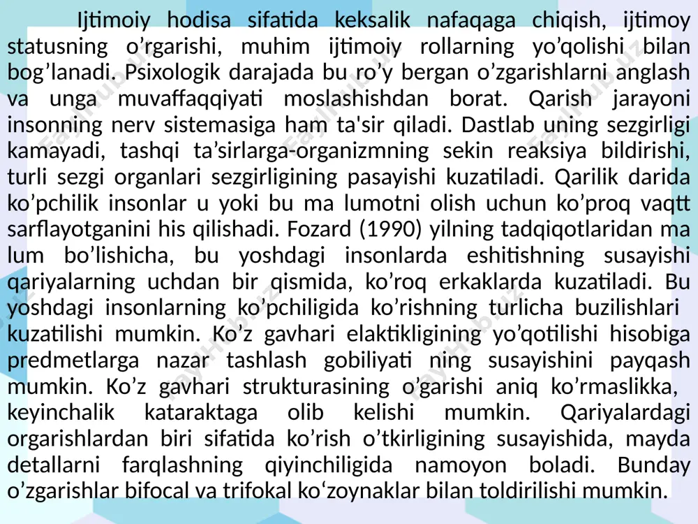 a tushunchasi (vita hayot, auktum - chôzmog) olim tomonidan taklif etilgan moslashuv – boshqaruv nazariyasining muhim tarkibiy qismi hisoblanadi. keksayish evolutsion jihatdan dasturlashtirilib, genetik kodga kiritilishi hagidagi tasavvur, hujayralarning buzilishi bilan bog’liq, g’oyalar biologik naza-nazariyalarga misol bo’ladi. keksalik ijtimoiy muammo sifatida, ijtimoiy nazariyalarga "erkinlik" hamda „o’yindan chiqish" nazariyala ri misol bo’la oladi. jamiyatdan uzoqlashuv, motivatsiyaning o’zgarishi, kommunikativlikning pasayishi, o’z ichki dunyosiga o’ralashib qolish kabilarda kuzatiladi. jamiyatdan uzoqlashish ilgarigi ijtimoiy rollarning yo’qolishi, sog’liqning yomonlashuvi, topish -tutushning kamayishi, yaqin kishilarning yo’qotilishi yoki uzoqlashishida namoyon bo’ladi.bu jarayon insonning nafaqaga chiqishi bilan boshlanadi, lekin qari inson ishxonada nimalar bo’layotganiga qizigib turadi, lekin sekinlik bilan bu ham to’xtaydi. insonga keladigan ma’lumotlar kamayib boradi, qiziqishlar doirasi torayadi, faolligi pasayadi ,qarish jarayoni tezlashadi. faollik nazariyasi (yangi bandlik") jamiyatdan uzoqlashish nazariyasiga qarama - qarshidir. foollik nazariyasi keksalarni jamiyat hayotiga tortish , ular qanchalik faol bôlsa, ulardan hayotdan qoniqanlik darajasi yuqori bo’ladi, degan g’oyaga asoslanadi. uzluksis hayot yo’li konsepsiyasi …