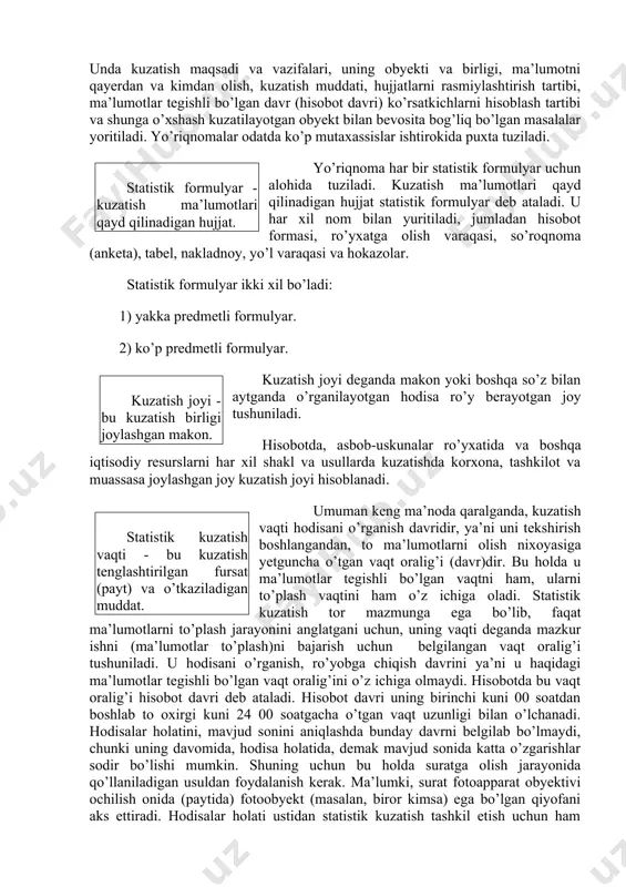i haqida ma’lumotlar olinadi. kuzatish birligi deganda, kuzatilayotgan obyektning mustaqil bo’linmas tarkibiy unsuri, birligi tushuniladi. kuzatish jarayonida uning muhim belgilari haqida ma’lumotlar olinadi. masalan, sanoat faoliyati tekshirilayotganda har bir korxona va firma, qishloq xo’jaligini o’rganilayotganda har bir shirkat xo’jaligi, dehqon va fermer xo’jaligi kuzatish birligi hisoblanadi. ayrim masalalarni kuzatishda kuzatish birligi bilan birga hisob birligi ham belgilanadi. masalan, chorva ro’yxatida har bir mol turi haqida, asbob-uskunalar ro’yxatida esa har bir mashina, stanok va boshqa asbob- uskunalar haqida, ko’p yillik daraxtlar ro’yxatida har bir daraxt turi haqida batafsil ma’lumotlar to’planadi. bu holda xo’jalik, korxona kuzatish birligi bo’lsa, uning o’rganilayotgan har bir predmeti hisob birligidir. kuzatish dasturi - bu kuzatish jarayonida ma’lumotlari to’plani-shi lozim bo’lgan kuzatish va hisob birligining asosiy belgilaridir. kuzatish dasturi (programmasi) deb o’rganilayotgan hodisa, obyekt haqida ma’lumot to’planadigan belgilar ro’yxati yuritiladi. boshqacharoq aytganda, kuzatish dasturi kuzatish jarayonida javoblar olinishi lozim bo’lgan savollar to’plami (ro’yxati)dir. u qanchalik to’g’ri tuzilsa, tekshirish …
