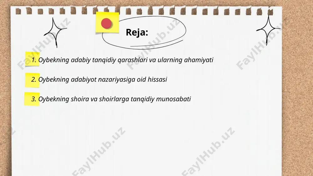 dida shoira va shoirlarga tanqidiy munosabat muhim o'rin tutadi. u ko'plab shoirlarning ijodini tahlil qilgan va tanqidiy nuqtai nazardan baholagan. oybekning tanqidiy qarashlari o'z davrining adabiy jarayonlariga nisbatan sezgir bo'lganida namoyon bo'ladi. u 20-asr o'zbek adabiyotidagi ijodkorlarning ijodiy faoliyatini chuqur o'rgangan. oybek 10dan ortiq shoira va shoirlarning asarlarini o'zining maqolalari va kitoblarida muhokama qilgan. uning tanqidiy qarashlari adabiyotshunoslikda muhim ahamiyat kasb etadi va 50 yil ichida ilmiy adabiyotda keng yoritilgan. oybekning tanqidiy asarlarida adabiyotda tahliliy uslubning rivojlanishiga e'tibor qaratilgan. ... t.me/slaydai_bot 4. oybek asarlarida tanqidiy ruh oybek, taniqli o‘zbek yozuvchisi, o‘z asarlarida tanqidiy ruhni mahorat bilan qo‘llagan. uning ijodida ijtimoiy adolat, tenglik va inson huquqlari kabi masalalar markaziy o‘rinda turadi. oybekning mashhur asarlari “qutlug‘ qon” va “navoiy” romanlaridir, bu asarlar orqali u zamonining dolzarb muammolariga e’tibor qaratgan. oybekning tanqidiy yondashuvi jamiyatdagi nohaqliklarni fosh qilish, ilm va ma’rifatning kuchini targ‘ib qilishga asoslangan. u o‘z davrida adabiyot orqali o‘zgarishlar qilishga intilgan. uning …