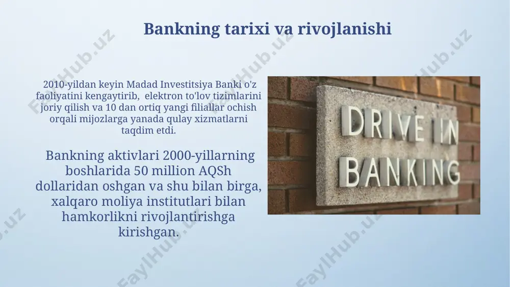 shahrida 20 dan ortiq zamonaviy bankomatlar tarmog'iga ega bo'lib, mijozlarga 24/7 xizmat ko'rsatishni ta'minlaydi. bankning boshqaruv tuzilmasi madad investitsiya banki samarqand viloyatida joylashgan 2 ta filiali orqali 5000 dan ortiq mijozlarga xizmat ko'rsatadi va 2023 yil yakunlari bo'yicha 100 million aqsh dollaridan ortiq aktivlarga ega. madad investitsiya bankining boshqaruv tuzilmasi uch darajali bo'lib, 5 nafar direktor, 10 ta bo'lim va 30 dan ortiq xodimlarni o'z ichiga oladi, shuningdek toshkent shahrida joylashgan markaziy ofis va 2 ta viloyat filialiga ega. bankning kelajakdagi rejalar va istiqbollari madad investitsiya banki 2024-yil oxirigacha kichik va o'rta biznesga 100 million aqsh dollaridan ortiq kredit mablag'larini ajratishni va shu orqali mamlakat iqtisodiyotining rivojlanishiga hissa qo'shishni rejalashtirmoqda. bankning kelajakdagi rejalari raqamli texnologiyalarni jadal rivojlantirishni o'z ichiga oladi, jumladan, samarqand va buxoro viloyatlarida mobil bank xizmatlarini kengaytirish va 1 million dan ortiq foydalanuvchini jalb qilishni maqsad qiladi. kreditlash dasturlari bankning “agro” kredit dasturi andijon viloyatida paxta yetishtiruvchilarga 100 …