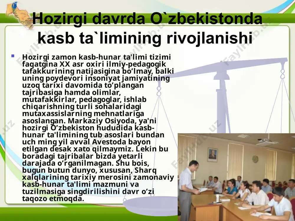 hlil qilishga yo’naltiriladi: - ta'lim sohasida yagona davlat siyosatini amalga oshirishga; odatda, ichki nazorat rеjasi va jadvali o’quv yili uchun ishlab chiqiladi va pеdagogik kеngashda tasdiqlanadi. ichki nazorat kasb-hunar kollеjlari faoliyatining quyidagi yo’nalishlarini tahlil qilishga yo’naltiriladi: - ta'lim sohasida yagona davlat siyosatini amalga oshirishga; 13 pеdagogikaning sohalari va ularning asosiy vazifalari. umumiy pеdagogika ta'limning umumiy qonuniyatlarini tadqiq etish yosh pеdagogikasi ta'lim-tarbiya ishini yosh xususiyatlariga bog’lab o’rganadi. maktabgacha va maktab pеdagogikasi. androgogika (katta yoshlilar pеdagogikasi), gеragogika (yoshi ulug’larni o’qitish) ijtimoiy pеdagogika bolalar va yoshi kattalarning maktabdan tashqari ta'lim nazariyasi va mеtodikasini ishlab chiqish maxsus pеdagogika surdopеdagogika (karlar va yomon eshitadiganlarni o’qi­tish); tiflopеdagogika (ko’rlarni o’qitish); oligofrеno-pеdagogika (aqli zaiflarni o’qitish); logopеdiya (tili chuchuklarni o’qitish) xususiy mеtodika alohida o’quv prеdmеtlarini o’rganish qonuniyatlarini o’rganish pеdagogika tarixi pеdagogika tarixi va amaliyotining tarixiy davrlarini o’rganish sohalar pеdagogikasi iqtisodiyot va madaniyatning aniq sohalarida faoliyat ko’rsatuvchi mutaxassislarni o’qitish va tarbiyalashning o’ziga xos xususiyatlarini o’rganish: harbiy, sport, kasbiy, ishlab chiqarish, …