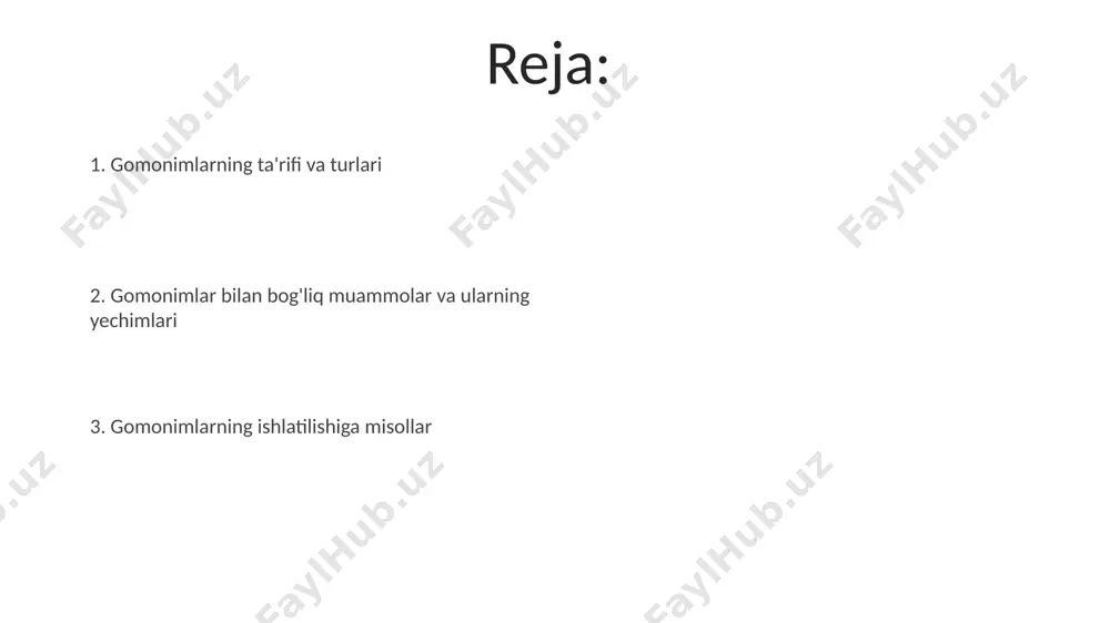 ishi (oddiy yoki murakkab) bo'yicha 3 ta darajaga bo'linishi mumkin. gomofomlar va gomograflar gomofon va gomograflar oʻzbek tilida ham uchraydi va ularning soni ancha koʻp boʻlib, ularni toʻgʻri ishlatish grammatika va imlo jihatidan muhimdir. gomofonlar bir xil talaffuzga ega, lekin ma’nolari va yozilishi har xil boʻlgan soʻzlardir, masalan, "uch" (son) va "uch" (fe'l) – 2 ta turli ma’noga ega, lekin bir xil talaffuz qilinadi. gomonimlardan foydalanish misollari gomonymlarni she'riyatda 2-3 ta so'zning ma'no jihatidan bir-biriga yaqinligi orqali hazil va kinoya yaratishda qo'llash mumkin, bu asarning ifoda vositalarini boyitadi. gomonymlar hukukiy hujjatlarda, masalan, 10-moddaning 2-bandida bir xil yozilishi mumkin bo'lgan, lekin har xil ma'nolarga ega so'zlarni aniqlik kiritish uchun qo'shimcha izohlar talab qiladi. e'tiboringiz uchun rahmat @taqdimot_robot image4.jpg image5.jpg image6.jpg image7.jpg image8.jpg image9.jpg image10.jpg image1.jpeg image2.jpeg