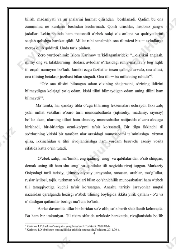 siyosiy) bo‘lar ekan, ularning tillari ham shunday munosabatlar natijasida o‘zaro aloqaga kirishadi, bir-birlariga ozmi-ko‘pmi ta’sir ko‘rsatadi. bir tilga ikkinchi til so‘zlarining kirishi bir tarafdan ular orasidagi munosabatni ta’minlashga xizmat qilsa, ikkinchidan u tilni rivojlantirishga ham yordam beruvchi asosiy vosita sifatida katta o‘rin tutadi. o‘zbek xalqi, ma’lumki, eng qadimgi urug` va qabilalaridan o‘sib chiqqan, demak uning tili ham shu urug` va qabilalar tili negizida rivoj topgan. markaziy osiyodagi turli tarixiy, ijtimoiy-siyosiy jarayonlar, xususan, arablar, mo‘g’ullar, ruslar istilosi, tojik, turkman xalqlari bilan qo‘shnichilik munosabatlari ham o‘zbek tili taraqqiyotiga kuchli ta’sir ko‘rsatgan. anashu tarixiy jarayonlar nuqtai nazaridan qaralganda hozirgi o‘zbek tilining boyligida ikkita yirik qatlam - o‘z va o‘zlashgan qatlamlar borligi ma’lum bo‘ladi. asrlar davomida tillar bir-biridan so‘z olib, so‘z berib shakllanib kelmoqda. bu ham bir imkoniyat. til tizim sifatida uzluksiz harakatda, rivojlanishda bo‘lib turadi, bu uning ijtimoiy mohiyatidan kelib chiqadi: til va jamiyat, til va ong, til va tafakkur o‘rtasidagi ikki tomonlama …