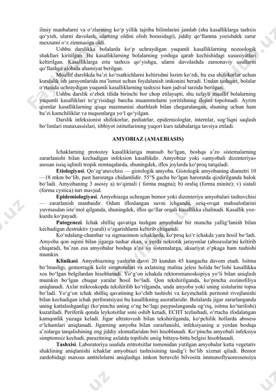anmalar, monografiyalar, risolalarni o‘zbek tilida chop ztishni talab qiladi. bu asarlarda bizda uchraydigan kasalliklar kechishining o‘lka va regional xususiyatlarini inobatga olgan holda berish lozim. yuqoridagilarni hisobga olgan holda, muallif ko‘plab adabiy, ilmiy manbalarni va o‘zlarining ko‘p yillik tajriba bilimlarini jamlab (shu kasalliklarga tashxis qo‘yish, ularni davolash, ularning oldini olish borasidagi), jiddiy qo‘llanma yozishdek zarur mexnatni o‘z zimmasiga oldi. ushbu darslikka bolalarda ko‘p uchraydigan yuqumli kasalliklarning nozoologik shakllari kiritilgan. bu kasalliklarning bolalarning yoshiga qarab kechishidagi xususiyatlari keltirilgan. kasalliklarga erta tashxis qo‘yishga, ularni davolashda zamonaviy usullarni qo‘llashga alohida ahamiyat berilgan. muallif darslikda ba’zi ko‘rsatkichlarni keltirishni lozim ko‘rdi, bu esa shifokorlar uchun kundalik ish jarayonlarida ma’lumot uchun foydalanish imkonini beradi. undan tashqari, bolalar o‘rtasida uchraydigan yuqumli kasalliklarning tashxisi ham jadval tarzida berilgan. ushbu darslik o‘zbek tilida birinchi bor chop etilayapti, shu tufayli muallif bolalarning yuqumli kasalliklari to‘g‘risidagi barcha muammolarni yoritishning ilojini topolmadi. ayrim qismlar kasalliklarning qisqa mazmunini sharhlash bilan chegaralangan, shuning uchun ham …