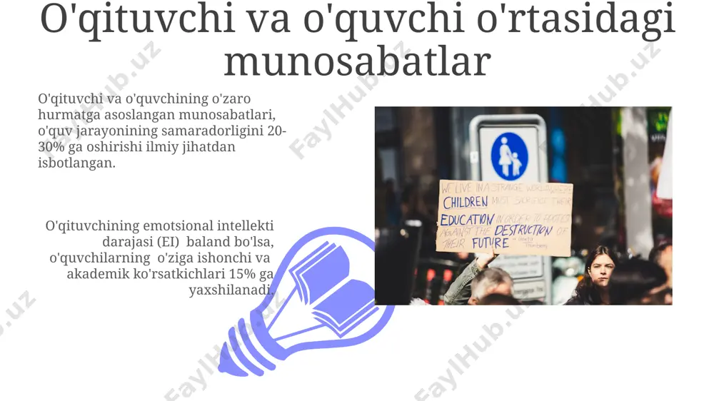 gnitiv qobiliyatiga bog'liq. xotira va e'tiborning roli e'tiborning hajmi va turg'unligi o'quv materialini qabul qilish va tushunishda hal qiluvchi omil hisoblanadi. 8-12 yoshdagi bolalarning e'tibori o'rtacha 20-30 minut davom etadi, shuning uchun darslarni qisqa vaqt oralig'ida o'tkazish kerak. xotira, bilimni uzoq muddatli saqlash va chaqirish jarayonida muhim rol o'ynaydi, bu esa o'quv jarayonida kamida 70% muvaffaqiyatni ta'minlaydi. bolalar xotirasining xususiyatlarini bilish, ta'lim usullarini samarali tanlashga yordam beradi. ta'lim va tarbiya samaradorligini oshirish ijtimoiy-psixologik muhitni yaxshilash, sinfda o'zaro hurmat va hamkorlikni rivojlantirish orqali o'quv natijalarini 15-20 ballga yaxshilash mumkin. ta'lim jarayonida o'quvchilarning individual psixologik xususiyatlarini 70% ga hisobga olish, samaradorlikni 20-30% ga oshirishi mumkin. his-tuyg'ular va ijtimoiy-emotsional rivojlanish 01 02 oʻsmirlik davrida (13-19 yosh) oʻziga xos "men" tasavvuri rivojlanadi va bu davrda tengdoshlar ta'siri ijtimoiy-emotsional rivojlanishga 50% ga ta'sir ko'rsatadi. sales 1st qtr 2nd qtr 100 0 sales 1st qtr 2nd qtr 100 0 e'tiboringiz uchun rahmat @taqdimot_robot image4.jpg image5.jpg image6.jpg …