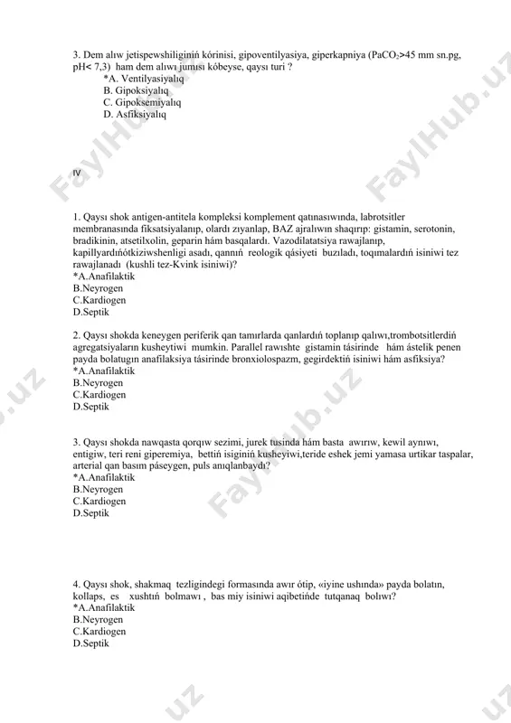 sında awır ótip, «iyine ushında» payda bolatın, kollaps, es xushtıń bolmawı , bas miy isiniwi aqibetińde tutqanaq bolıwı? *a.anafilaktik b.neyrogen c.kardiogen d.septik v 1. kapillyarlardan qan ketiwidi toqtatiw qanday ataladı? a. gipovolemiya b. adinamiya * c. staz d. gipoksiya 2. nenin jetispewshiliginen kletkalardagı glyukózanın normal bólekleniwi bloklanadı, sut kislotası islep shıgarılıwı kóbeyedi. qanda glyukoza, may ham aminokislotalar kóbeyedi? a. co2 * b. o2 c. metan d. azot 3. júrek qısqarıwın minutına 20-30 ga kemeyiwi nege alıp keledi? *a. miydin anemizatsiyasi b.koma c.tutqanaq d. ólim 4. júrek qısqarıwın minutına 20-30 ge kemeyiwi nege alıp keledi? *a. morgani-edams-stoks sindromi b.serebral jetispewshilik sindromı c. tutqanaq sindromı d. gipertermik sindromı vi1. qadagalaw etilmeytugın ıssılıq payda bolıwı, ıssılıqtıń jeterli dárejede uzatılıwı yamasa gipotalamusli termoregulyatsiya aynıwınan kelip shıgıw temperatura gomeostazining buziliwi qanday ataladı? a. shok * b. gipertermiya c. klinikalıq ólim d. qaltiratpa 2. organizmniń kesellik yamasa basqa zıyanlanıwlarǵa birlesken hám muwapıqlastırılgan munasábeti bolǵan tiykarǵı dene …