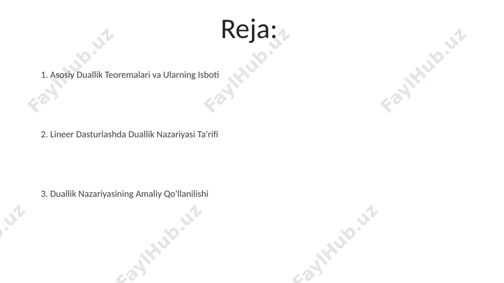lalar yechimining optimal qiymati va ikkinchi darajali masalaning o'zgaruvchilarining optimal qiymatlari o'rtasidagi munosabatni aniqlash, ya'ni qo'shimcha shartlar 1 va 2 ning ta'sirini tahlil qilish mumkin. sezgirlik analizi, obyektiv funksiya koeffitsiyentlaridagi 5% gacha o'zgarish optimal yechimga ta'sir qilmasligini, ammo resurslar chegaralaridagi 10% dan ortiq o'zgarishlar esa optimal yechimni o'zgartirishi mumkinligini ko'rsatishi mumkin. duallikning ekonomik talqini agar primal masalada 5 ta cheklov bo'lsa, unda dual masalada 5 ta o'zgaruvchi bo'ladi, bu cheklovlarning har biriga mos keladi va ularning iqtisodiy ma'nosini aks ettiradi. ishlab chiqarish hajmini 10 birlikka oshirish uchun kerak bo'lgan qo'shimcha xarajatlar dual masalaning optimal yechimidan aniqlanadi, bu esa resurslarning narxlarini aks ettiradi. lineer dasturlashdagi duallikning amaliy qo'llanilishi chiziqli dasturlashda duallik teoremasi transport masalalarini 2-3 marta tezroq yechishga, optimallashtirish jarayonini 10-20% ga tezlashtirishga yordam beradi. duallikning simplex metodini qo'llash orqali optimal yechimga erishish jarayonini 5-10 iteratsiyaga qisqartirish mumkin, bu esa hisoblash vaqtini sezilarli darajada kamaytiradi. kuchli duallik teoremasi kuchli duallik teoremasi …