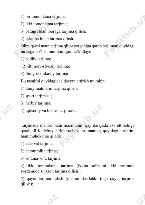 nutq ritmini, personajlar tizimini va muallif uslubini qayta yaratish tushuniladi. badiiy tarjima she’riy va nasriy tarjimaga bo‘linadi. shuningdek, ular badiiy adabiyot janrlariga, ya'ni she'r, g'azal, ruboiy, drama, roman, qissa va hokazolarga bo'linadi. a) she’riy tarjima – she’rning janr uslubiy xususiyatlari, ma’no va predmeti, ohang va ruhni yaratuvchi emotsional ekspressiv vositalarning tlda qayta yaratilishi. ozgina she’riy ifoda katta ma’no va estetik manzarani yetkaza oladi. she’rdagi sintaktik konstruksiyalar qanchalik qisqarib, ma’no va his-tuyg‘ularga urg‘u berilsa, shunchalik tasavvurga ega bo‘ladi. she’rning ohangi badiiy matnning musiqiyligida muhim omil hisoblanadi. shu ma’noda she’riyat me’morchiligi badiiy matn janrining birinchi ko‘rsatkichidir. she’r tarjimasida uchta asosiy omil – ritm, qofiya va ifodalilik musiqa ohangi orqali o‘quvchini o‘ziga tortadi va unga kommunikativ ta’sir ko‘rsatadi. b) nasriy tarjima – ma’lum bir adabiy janrda yozilgan asarning personajlar tizimi, muallif uslubi va syujetini tlda qaytadan yaratishdir. tarjimondan tez xotira, umumiy va maxsus bilim, boy so‘z boyligini talab qiluvchi tarjima turi. tarjimonning turlari …