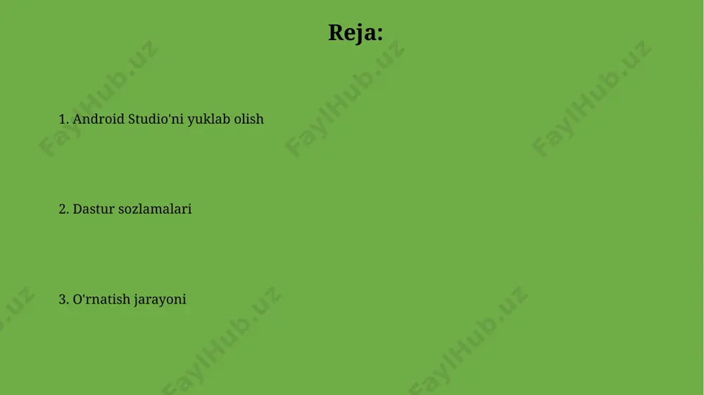 irtual qurilma yaratish jarayonida, sizning kompyuteringizning joylashuvini (masalan, toshkent) va qurilmangizning tilini (masalan, o'zbek tili) tanlash imkoniyati mavjud. bu testlarni yanada aniqroq o'tkazishga yordam beradi. android studio'da virtual qurilma yaratishda, masalan, pixel 3 xl modeli uchun 8gb ram va 256gb ichki xotiraga ega bo'lgan emulyatorni tanlashingiz mumkin. bu emulyator android 13 yoki undan yuqori versiyalarini qo'llab-quvvatlaydi. tizim talablari android studio'ni o'rnatish uchun kamida 8 gb ram, 2 ghz tezlikdagi protsessor va 8 gb bo'sh joyga ega bo'lgan kompyuter, shuningdek, windows 10, macos yoki linux operatsion tizimlari kerak. o'rnatish jarayoni davomida android studio taxminan 1 gb dan 4 gb gacha disk maydonini egallaydi, bu esa kompyuterning xotira sig'imiga bog'liq bo'ladi, masalan, 500 gb hard diskdagi joy etarli bo'ladi. o'rnatish variantlarini tanlash intellij idea asosida qurilgan android studio'ning turli xil 32-bit yoki 64-bit variantlarini tanlash kompyuteringizning protsessor tuzilishiga bog'liq bo'lib, windows, macos yoki linux operatsion tizimlari uchun mos variantni tanlash kerak. android …