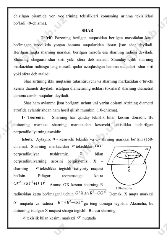 k sirt esa uning yon sirti deyiladi. silindr asoslarining markazlarini tutashtiruvchi oo1 kesma (99 - chizma) silindrning o'qi deyiladi. to'g'ri doiraviy silindrlar qaralganda, oo1 o'qning uzunligi silindrning balandligiga teng bo'ladi: oo1 =h silindr asosining radiusini r bilan belgilaymiz, ya'ni oa=r . 97 – chizma. 98 – chizma 99 – chizma. 100 – chizma. 101 – chizma. silindrning oo1 o'qi orqali o'tkazilgan tekislik uning o'q kesimi deyiladi. silindrik sirtni aa1 yasovchi bo'yicha qirqamiz va tekislikka yoyamiz (100 – chizma). natijada, silindrning aa1c1c to'g'ri to'rtburchak va ikkita doira – silindrning asoslaridan tashkil topgan yoyilmasini hosil qilamiz. 2. silindrning yon sirti va to'la sirti. silindr yon sirtining yuzi sifatida uning yon sirti yoyilmasi yuzi qabul qilinadi, u to'g'ri to'rtburchakdan iborat bo'lganligidan (100 – chizma), syon = ac • aa1 (1) bo'ladi. ac kesmaning uzunligi silindrning asosida yotgan aylana uzunligiga teng. agar silindr asosining radiusi r, silindrning balandligi h bo'lsa, silindr yon sirtining yuzi …