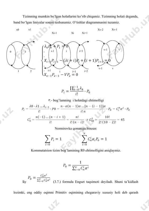 nun bo’yicha taqsimlangan bo’lsin. chaqiruvlargi xizmat ko’rsatish sifat xarakteristikalarini aniqlash talab qilinadi. ko’rilayotgan tizimlar uchun o’tishla diagrammasini tuzamiz. ideal simmetrik ntis uchun tizimning makroholatini ko’rib chiqish yetarlidir. agar band liniyalarning soni d dan kichik bo’lsa, biron-bir yuklama guruhi blokirovkalanmaydi, shuning uchun: идеал симметрик нтис оддийсидан d линиялар бўйича ҳар бир мумкин бўлган бирикмаларга алоҳида юклама гуруҳи кўзда тутилгади. bu sxemadan ko’rinib turibdiki, harbir yuklama guruhi hech bo’lmasa bitta chiqish bilan boshqa to’plamlardan ajralib turuvchi chiqishlar to’plamidan foydalanadi . - к ta liniyalar band bo’lganda chaqiruv yo’qotilishining sharti ehtimoli (1.15). (1.15) tenglamalar sistemasini tuzib, uni yechgandan so’ng quyidagi formulani olamiz: (3.16) yo’qotishlar ehtimolligi quyidagi formula orqali ifodalanadi: amaliy hisoblar uchun γ ning qiymatini topish zarur: nihoyat quyidagi formulani olamiz: bu formula erlangning uchinchi formulasi deyiladi (1.18) adabyotlar 1.lumaycv m.i; tadjiyeva z.g’. boshlangmch sinflarda malcmalika o’qilish 2.metodikasi. (() o’y uciiun darslik.) toshkenl. “fan va icxnologiya”, 2005 yil. 3. kimaycv m.e. boslilang’ich sinflarda …