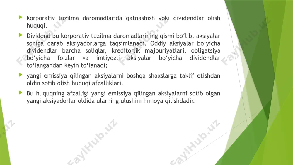ati va shartlari belgilanishi mumkin. imtiyozli aksiyalarning egalari bo‘lgan aksiyadorlar aksiyador- larning umumiy yig‘ilishi vakolat doirasiga kiradigan masalalar bo‘yicha ovoz berish huquqi bilan aksiyadorlarning umumiy yig‘ilishida ishtirok etish huquqiga imtiyozli aksiyalar bo‘yicha dividendlar to‘lash to‘g‘risida qaror qabul qilinmagan yoki dividendlarni to‘liq to‘lamaslik to‘g‘risida qaror qabul qilingan aksiyadorlarning yillik umumiy yig‘ilishidan keyingi yig‘ilishdan boshlab ega bo‘ladi. imtiyozli aksiyalarning egalari bo‘lgan aksiyadorlarning aksiyadorlar umumiy yig‘ilishida ishtirok etish huquqi mazkur aksiyalar bo‘yicha dividendlar birinchi marta to‘liq miqdorda to‘langan paytdan e’tiboran bekor qilinadi. agar jamiyat ustavida imtiyozli aksiyalarni oddiy aksiyalarga ayirboshlash mumkinligi nazarda tutilgan bo‘lsa, jamiyat ustavi imtiyozli aksiyalar bo‘yicha ovoz berish huquqini nazarda tutishi mumkin. bunda ushbu imtiyozli aksiyaning egasi o‘ziga tegishli imtiyozli aksiya ayirboshlanishi mumkin bo‘lgan oddiy aksiyalar bo‘yicha ovozlar sonidan oshib ketmaydigan miqdordagi ovozlarga ega bo‘ladi. imtiyozli aksiyalar: kumulyativ va nokumulyativ bo‘lishi mumkin; konvertlanadigan va konvertlanmaydigan; daromadli (ular yana ishtirok huquqi mavjud aksiyalar deb ham nomlanadi) va muddati uzaytirilgan jamiyat foydasidan …