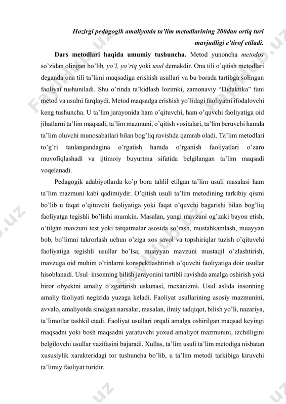 da amalga oshirish yoki biror obyektni amaliy o’zgartirish uskunasi, mexanizmi. usul aslida insonning amaliy faoliyati negizida yuzaga keladi. faoliyat usullarining asosiy mazmunini, avvalo, amaliyotda sinalgan narsalar, masalan, ilmiy tadqiqot, bilish yo’li, nazariya, ta’limotlar tashkil etadi. faoliyat usullari orqali amalga oshirilgan maqsad keyingi maqsadni yoki bosh maqsadni yaratuvchi yoxud amaliyot mazmunini, izchilligini belgilovchi usullar vazifasini bajaradi. xullas, ta’lim usuli ta’lim metodiga nisbatan xususiylik xarakteridagi tor tushuncha bo’lib, u ta’lim metodi tarkibiga kiruvchi ta’limiy faoliyat turidir. bilim olishning ham, ta’lim oluvchiga bilim berishning ham, unga malaka, ko’nikma, odatlarni singdirishning ham, tabiatini shakllantirishning ham xilma-xil vosita, yo’l, metod va usullari mavjud. faoliyat metodlari to’g’ri bo’lsa, ko’zlangan natijaga komil ishonch bilan erishish mumkin. bugungi kunga insoniyat tomonidan faoliyat metodlarining nihoyatda boy xazinasi to’plangan. ammo fan- texnika, madaniyatning to’xtovsiz rivojlanib, murakkablashib borishi, yangi imkoniyatlarning yuzaga kelishi, ularni o’zlashtirish va ta’lim oluvchiga yetkazish metod va usullarini muttasil yangilab turishni talab etadi. bular, albatta, ona tili ta’limi …