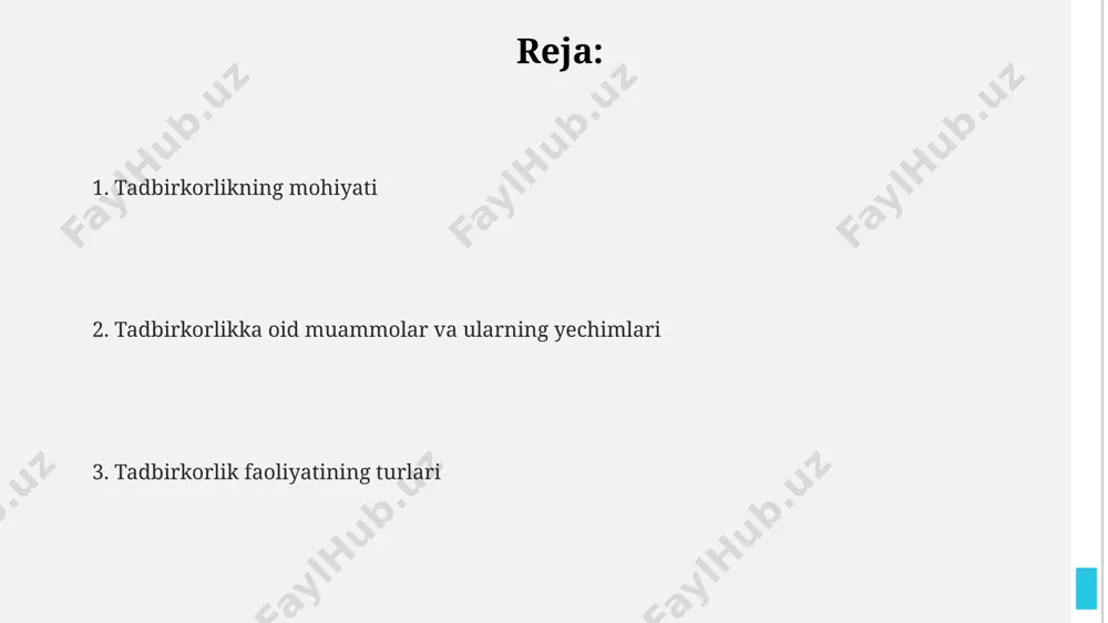 rali aloqa o'rnatishni bildiradi. o'rtacha 70% muvaffaqiyatli tadbirkorlar o'z bizneslarini rivojlantirish uchun kamida 3 ta turli xil moliyalashtirish manbalaridan foydalanganlar. bu diversifikatsiya xavflarni kamaytiradi. muvaffaqiyat kaliti sifatida 5 yildan ortiq davom etgan tadbirkorlik faoliyati natijasida olingan 100 dan ortiq biznes-rejalar tahlili shuni ko'rsatdiki, moslashuvchanlik va bozor talablariga tez javob berish muhim ahamiyatga ega. tadbirkorlikning mohiyati tadbirkorlik faoliyatida investitsiyalarni qaytarish muddati o'rtacha 2-3 yilni tashkil etadi, lekin bu raqam biznesning turiga va miqyosiga bog'liq holda sezilarli darajada farq qilishi mumkin. muvaffaqiyatli tadbirkorlikning 70% i g'oya va rejalashtirishga, qolgan 30% esa amaliy ishlarga va 5% marketingga bog'liq bo'lib, bu nisbatlar o'zgaruvchan bo'lishi mumkin. tadbirkorlik – bu bozorda talab va taklif o'rtasidagi 10% dan ortiq farqni aniqlash va uni 30% ga yaqin daromadga aylantirish jarayonidir, bu erda xavflarni boshqarish muhim rol o'ynaydi. xavflar va muammolar tadbirkorlikning 70% dan ortiq qismi dastlabki 2 yil ichida muvaffaqiyatsizlikka uchraydi, shuning uchun yaxshi biznes-rejani tuzish va moliyaviy …