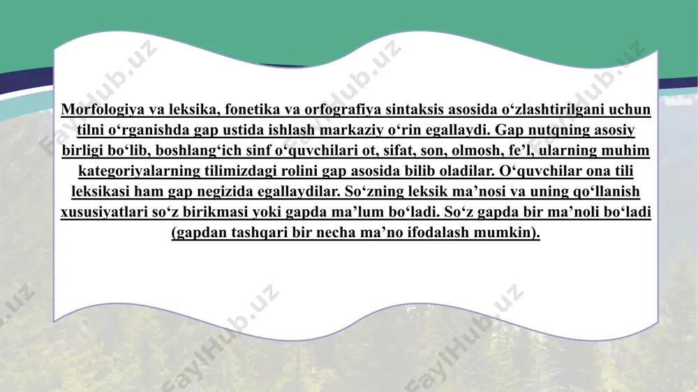 ali bo‘lak). u gapning qaysi bo‘lagiga bog‘lanadi? (tobelanadi?) (kesimga bog‘lanadi) qachon gullaydi? (aprelda gullaydi) gapga egani izohlaydigan yana bitta so‘z qo‘ying. qanday gap hosil bo‘ldi? (mevali daraxtlar apreldv gullaydi. 2. so‘zlar aralash berilgan gapni qayta tiklash. avval gapning asoslari (ega va kesim) tiklandi (aniqlanadi), so‘ng so‘roqdar yordamida ikkinchi darajali bo‘laklar (so‘z birikmalari) “topiladi”, tiklanadi. masalan, mashinada terimchi, teradi, paxtani. -gap kim haqida aytilgan? (terimchi haqida, kim? terimchi) u haqda nima deyilgan? (teradi. terimchi teradi-bosh bo‘laklar). -so‘roqlar yordamida so‘z birikmasini toping. nimani teradi?(paxtani teradi) nimada teradi? (mashinada teradi). keyin gapda so‘zlarning qo‘lay tartibi aniqlanadi. (terimchi paxtani mashinada teradi). gap ohangi ustida ishlanadi. 3. u zluksiz (tinish belgilarisiz) matndan gaplarni ajratish. mashqning bu turi ongli bo‘lishi uchun har bir gapning bosh bo‘laklarini va so‘z birikmalarini ajratish lozim. 4.gapni tahlil qilish va sxemani tuzish. gap tahlil qilinayotganda dastlab uning asosi ajratiladi, keyin egani izohlovchi ikkinchi darajali bo‘lak, kesimni izohlovchi ikkinchi darajali bo‘lak, boshqa …