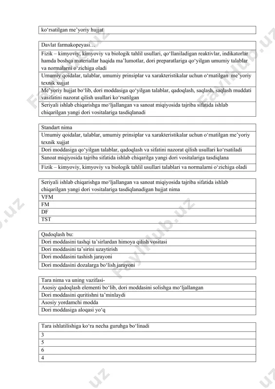 tilgan seriyali ishlab chiqarishga mo‘ljallangan va sanoat miqiyosida tajriba sifatida ishlab chiqarilgan yangi dori vositalariga tasdiqlanadi standart nima umumiy qoidalar, talablar, umumiy prinsiplar va xarakteristikalar uchun o‘rnatilgan me’yoriy texnik xujjat dori moddasiga qo‘yilgan talablar, qadoqlash va sifatini nazorat qilish usullari ko‘rsatiladi sanoat miqiyosida tajriba sifatida ishlab chiqarilga yangi dori vositalariga tasdiqlana fizik – kimyoviy, kimyoviy va biologik tahlil usullari talablari va normalarni o‘zichiga oladi seriyali ishlab chiqarishga mo‘ljallangan va sanoat miqiyosida tajriba sifatida ishlab chiqarilgan yangi dori vositalariga tasdiqlanadigan hujjat nima vfm fm df tst qadoqlash bu: dori moddasini tashqi ta’sirlardan himoya qilish vositasi dori moddasini ta’sirini uzaytirish dori moddasini tashish jarayoni dori moddasini dozalarga bo‘lish jarayoni tara nima va uning vazifasi- asosiy qadoqlash elementi bo‘lib, dori moddasini solishga mo‘ljallangan dori moddasini quritishni ta’minlaydi asosiy yordamchi modda dori moddasiga aloqasi yo‘q tara ishlatilishiga ko‘ra necha guruhga bo‘linadi 3 5 6 4 surtma, pasta, linimentlar nimalarga qadoqlanadi tyubiklarga ampullalarga probirgkalar ballonlarga …