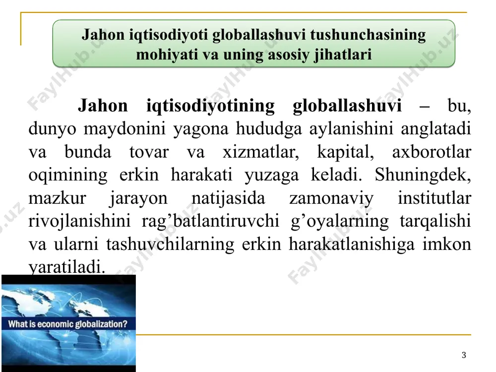 egally binding trade agreement between costa rica, iceland, new zealand and switzerland that primarily pursues environmental policy objectives. * gwe 1992-2022 yillarda jahon valyuta bozorining kunlik aylanmasi hajmi (mlrd. aqsh doll.) * составлено на основе данных банка международных расчетов (бмр), публикуемых в отчетах каждые три года: triennial central bank survey: foreign exchange exchange and derivatives market activity in 2022 / bank for international settlements. april, 2022. yillar 1992 1995 1998 2001 2004 2007 2010 2013 2016 2019 2022 hajmi 820 1190 1527 1239 1934 3324 3973 5357 5067 6590 7508 gwe * iqtisodchi olimlar fikriga koʻra jahon iqtisodiyotida globallashuv jarayoni quyidagi holatlarni oʻz ichiga oladi: mintaqaviy integratsion jarayonlarni jadallashtiradi; xo’jalik yuritishni toʻliq erkinlashtirmagan davlatlar iqtisodiyotini ochiqligini ta’minlaydi; istalgan bozorlarga barcha ishtirokchilarning qarshiliksiz kirishini ta’minlaydi; moliyaviy va savdo operatsiyalarni amalga oshirishga tegishli tartiblarni universallashtiradi; bozorlarni tartibga solish va nazorat qilishni bir me’yorga keltiradi, ya’ni unifikatsiya qiladi; kapitalni joylashtirish, investitsion jarayonlar va …