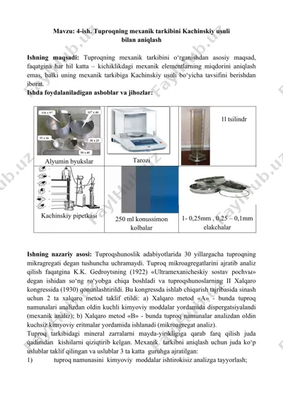 tuproqning mexanik tarkibini kachinskiy usuli bilan aniqlash — DOC