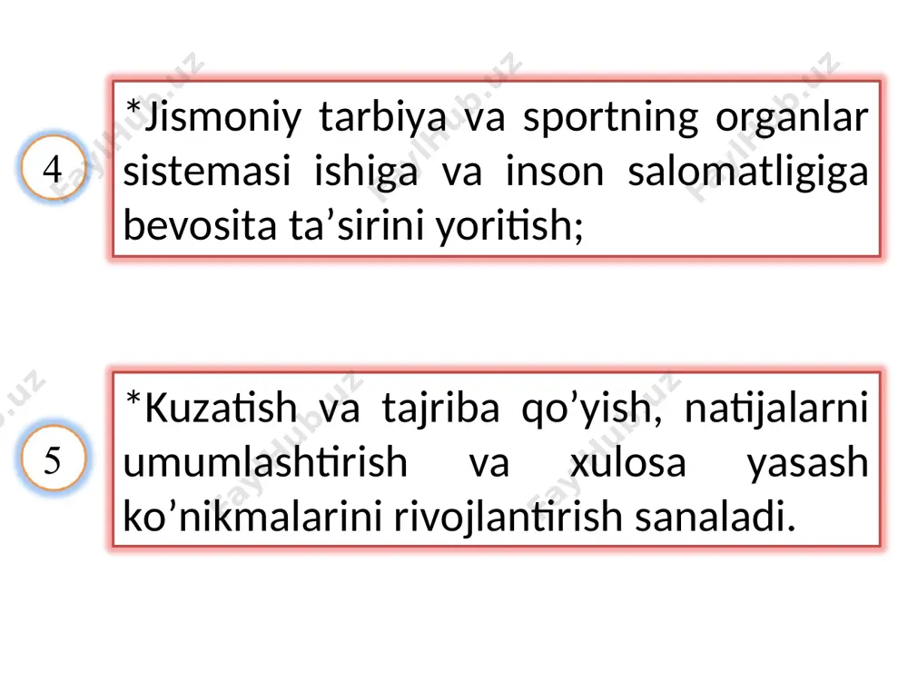 azlar va suyuqliklardagi diffuziya, atmosfera bosimi haqidagi bilimlar fizikadan olgan bilimlarga asoslanadi; -nafas olish va chiqarish mexanizmini, qon bosimini tushuntirishda suyuqliklar bilan gazlardagi bosimlar farqiga qarab harakatlanish qonuniyatlari haqidagi ma’lumotlarini o‘rganishda fizikaga oid bilimlardan foydalaniladi; -fermentlar, katalizatorlar, muhitning kislotali, ishqoriy va neytral reksiyalari kimyodan olingan bilimlarga tayanib o‘rganiladi; -plastik va energetik almashinuvni o‘rganishda o‘quvchilarning jonli va jonsiz tabiatdagi hayot birligi haqidagi xulosaga olib kelish uchun energiyaning saqlanish va bir turdan ikkinchi turga aylanish qonuniga oid masalalar yechishda kimyoviy bilimlardan foydalaniladi; -issiqlikning boshqarilishi to‘g‘risidagi tushunchani shakllantirishda fizikadagi bug’ hosil bo‘lishidagi solishtirma issiqlik bo‘yicha olingan bilimlarga asoslanadi; -ko‘rish organi - ko'zning funksiyalari optikaga oid bilimlar asosida tushuntiriladi. tayanch-harakatlanish sistemasiga oid masala va mashqlar mazkur mavzularni o‘qitishda masala va mashqlardan foydalanish mehnat fiziologiyasi, sog‘liqni saqlash gigienasi, qad-qamotning shakllanishi, barcha organlarning mashq qildirib borishni sabab va mohiyatini atroflicha yoritib beradi. masalan: 1.odam vazni o‘rtacha 70 kg bo‘lganda skelet massasi 8-9 kg ni tashkil etadi. …