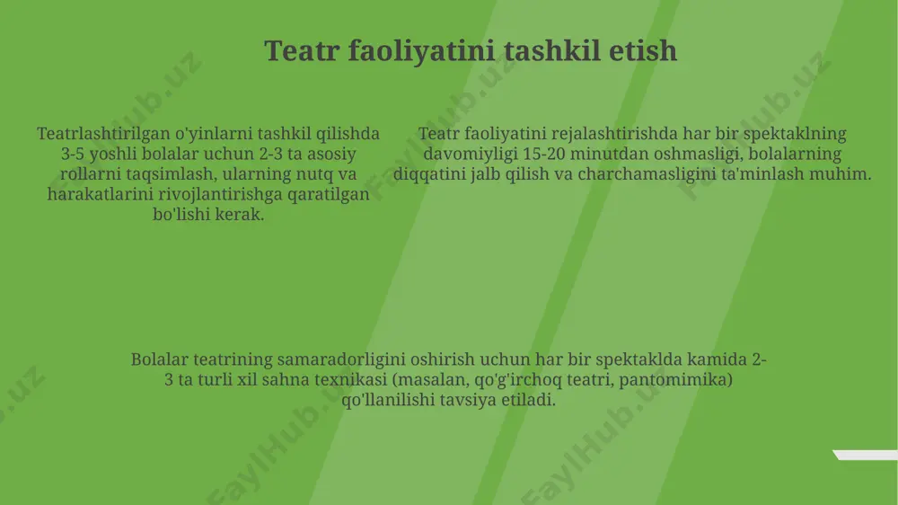 larini va tajribalarini 2-3 marta aniqroq ifoda etishni o'rganadilar. kognitiv rivojlanish rollarda o'ynash orqali bolalar 5 dan ortiq xarakterni farqlashni va ularning xatti-harakatlarini tahlil qilishni o'rganadilar, bu esa ijtimoiy-kognitiv rivojlanishga ijobiy ta'sir ko'rsatadi. sahnalashtirilgan spektakllar vositasida bolalar obrazli fikrlashni, 10 dan ortiq elementni birlashtirishni va voqealar ketma-ketligini tushunishni o'rganadilar, bu esa ularning xotirasi va e'tiborini rivojlantiradi. sahnalashtirilgan spektakllar vositasida bolalar obrazli fikrlashni, 10 dan ortiq elementni birlashtirishni va voqealar ketma-ketligini tushunishni o'rganadilar, bu esa ularning xotirasi va e'tiborini rivojlantiradi. badiiy didni shakllantirish badiiy didni shakllantirish 5-7 yoshli bolalarda tasviriy san'at, musiqa va adabiyotga bo'lgan qiziqishlarini rivojlantirish, estetik tarbiyaning asosiy omili hisoblanadi. teatrlashgan o'yinlar orqali 20 dan ortiq turli obrazlarni yaratish, bolalarning emotsional-irodaviy sifatlarini, nutqini va ijodiy qobiliyatlarini rivojlantirishga yordam beradi. bolalarning mimikriya va pantomimika ko'nikmalarini shakllantirishda teatrlashgan o'yinlarning roli beqiyos bo'lib, ularning 30% ga yaqini bolalarning ijtimoiylashuviga yordam beradi. ota-onalar bilan hamkorlik ota-onalarning 70% dan ortig‘i teatrlashtirilgan faoliyatda qatnashish istagini …