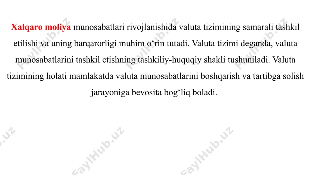 da barqaror iqtisodiy o‘sishni ta’minlash; — inflyatsiyani jilovlash va tashqi iqtisodiy muvozanatni ush- lab turish va boshq. milliy valuta tizimi quyidagi elementlarni o‘zida mujassamlashtiradi: — milliy valuta; — milliy valutaning almashinish rejimi; — milliy valuta pariteti; — milliy valuta kurs rejimi; — valuta cheklovlari holati; — mamlakatning xalqaro valutaviy likvidligini tartibga solish; — milliy valuta bozorida operatsiyalarni yuritish tartibi. jahon valuta tizimiga esa quyidagi elementlar kiradi: — xalqaro to‘lov vositasi; — valuta kurslarini belgilash va saqlab turish mexanizmi; — valutalarni konvertatsiyalash shartlari; — valutaviy cheklashlarni davlatlararo tartibga solish; — xalqaro valutaviy likvidlikni ta’minlash va tartibga solish; — xalqaro hisob-kitob shakllarini umumlashtirish; — oltin va valuta bozorlarida ishlash rejimlari; — valuta munosabatlarini tartibga soluvchi davlatlararo institutlarning huquq va majburiyatlari. jahon valuta tizimi rivojlanishiga sezilarli ta’sir ko‘rsatgan omillar sifatida quyidagilarni qayd etish mumkin: — mahsulot ishlab chiqarishning rivojlanish darajasi; — xalqaro mehnat taqsimoti jadallashuvi darajasi; — jahon bozori rivojlanish darajasi; — xo‘jalik …