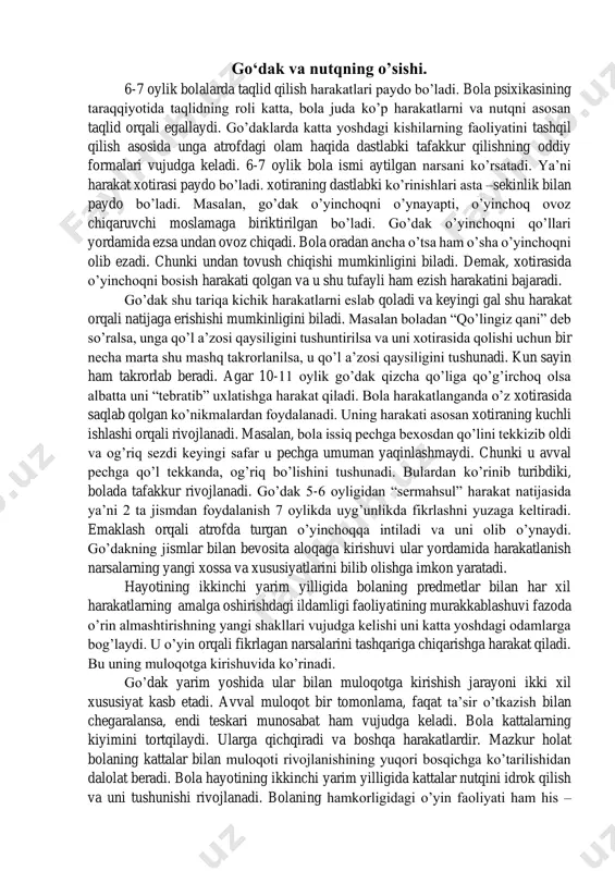 raliq 60 sm bo’lganda bolaning intilishi sustlashgan va nihoyat ular 100 sm dan ko’rsatilgan bolaning intilishi mutlaqo o’chgan. u o’yinchoq bilan bir qatorda turgan katta kishiga ham ana shunday befarq qaragan, masofa qanchalik qisqarsa, bolaning unga intilishi shunchalik kuchaygan. ko’pgina psixiologlar bolalarda kattalar bilan bo’lgan munosabatda yuzaga keladigan emotsional reaktsiyalarni jonlanish kompleksi deb ataganlar. bunda bola uning bilan munosabatda bo’layotgan odamga muloyim tikilib jilmayadi, qo’l va oyoqlari bilan ovoz chiqaradi. bolada qandaydir kuchli mamnunlik hissi yuzaga keladi. go’dak yoshiga to’lguncha juda ko’p harakatlarni o’zlashtiradi. bolaning qiladigan turli tuman harakatlari orasida qo’l –harakatlari psixik taraqqiyoti uchun muhim ahamiyatga ega. 4 oylik bola narsalarga qo’l cho’zadigan, ammo u hali o’zining qo’l harakatlarini idora qilolmaydi. 5 oylik bo’lgach narsalarni paypaslab ko’radigan bo’ladi. bolaning psixik taraqqiyotida murakkab harakatlarni egallab borish katta rolь o’ynaydi. 6 oylik bo’lgach, mustaqil o’tara oladigan bo’ladi. 3-6 oylikacha bolalar katta yoshdagi odamlar bilan tanlab munosabatda bo’ladi. bolada yaqin kishilarga bog’lanish …