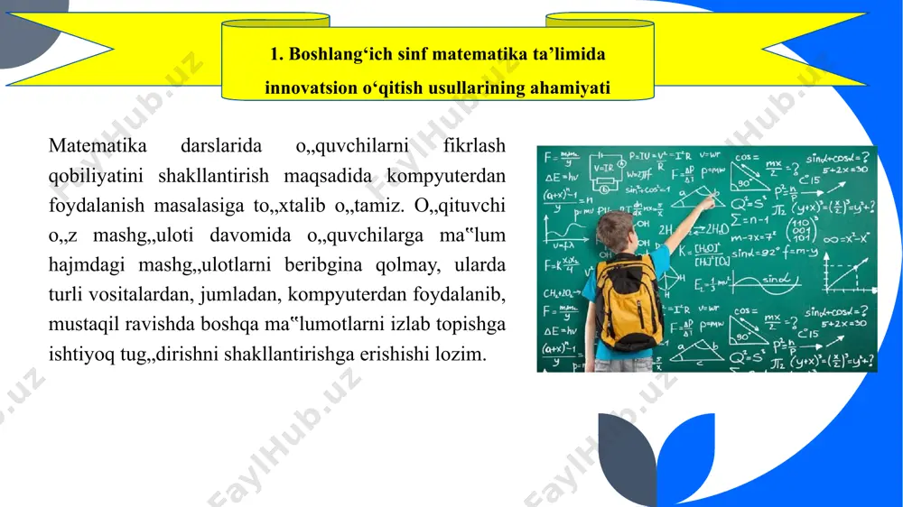 lang‘ich sinf o‘quvchilari uchun ochiq va qiziqarli qilish ijodkorlik, faollik va turli yondashuvlarni talab qiladi. o'qituvchilar foydalanishi mumkin bo'lgan ba'zi usullar: amaliy manipulyatsiyalar: qo'shish, ayirish, ko'paytirish va bo'lish kabi matematik tushunchalarni ifodalash uchun bloklar, hisoblagichlar yoki geometrik shakllar kabi jismoniy ob'ektlardan foydalaning. manipulyatorlar mavhum tushunchalarni aniqlaydi va o'quvchilarga ularni yaxshiroq tasavvur qilish va tushunishga yordam beradi. 2. matematik tushunchalarni boshlang'ich sinf o'quvchilari uchun ochiq va qiziqarli qilish uchun turli yondashuvlar o'yinlar va mashg'ulotlar: matematikani o'rganishni qiziqarli qilish uchun o'yinlar va interaktiv tadbirlarni birlashtiring. bingo, karta o'yinlari yoki stol o'yinlari kabi matematik o'yinlar raqamlarni aniqlash, hisoblash va asosiy operatsiyalar kabi ko'nikmalarni mustahkamlashi mumkin. ko‘rgazmali qurollar va grafikalar: matematik tushunchalarni tasvirlash uchun diagrammalar, diagrammalar va grafiklar kabi ko‘rgazmali qo‘llanmalardan foydalaning. vizual tasvirlar talabalarga mavhum g'oyalarni osonroq tushunishga yordam beradi va tushunishning boshqa usulini ta'minlaydi. boshlang‘ich sinf matematika sinfiga texnologiya va real dunyo kontekstlarini integratsiyalash o‘quvchilarning matematik tushunchalarni tushunishini va faolligini oshirishi mumkin. …