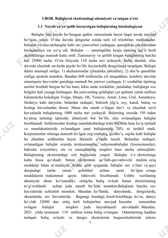 baliq, qizilko‘z, oqcha kabi baliqlar bu jihatdan seldlardan keyin ikkinchi o‘rinda turadi. bulardan tashqari, ovlanadigan baliqlar orasida treskasimonlar, sulaymonbaliqlar (losossimonlar), bakralar (osyotrlar), sla va xamsalarning miqdori ham ancha salmoqlidir. baliqlarning ekotizimdagi roli beqiyosda yuqori. baliqlar o‘z ekotizimiga katta hissa qo‘shadi: butun ekotizimni qo‘llab-quvvatlovchi muhim oziq moddalar bilan ta’minlaydi. sodda qilib aytganda, baliqlar suv o‘tlari va quyi darajadagi turlar omon qolishlari uchun zarur bo‘lgan ozuqa moddalarini mukammal qayta ishlovchi hisoblanadi. ushbu vazifaning ahamiyati shuni ko‘rsatadiki, ortiqcha baliq ovlash butun ekotizimning to‘g‘riishlashi uchun juda zararli bo‘lishi mumkin.baliqlarni barcha suv havzalarida uchratish mumkin. masalan ko‘llarda, daryolarda, dengizlarda, okeanlarda, suv havzalarida. bugungi kundagi, hisob-kitoblarga ko‘ra, dunyo bo‘ylab 32000 dan ortiq turli baliqturlari mavjud. insonlar tomonidan ovlagan baliqlar miqdori juda hayratlanarli ahvoldadir. masalan, 2021 yilda taxminan 110 million tonna baliq ovlangan. odamlarning haddan tashqari baliq ovlashi va dengiz ekotizimini beqarorlashtirishi tobora oydinlashmoqda. kalit so‘zlar: qizil kitob, yaylov akvakul’turasi, baliqlar genofondi, kiprinid, kit akulasi, ekotizim, oziq …