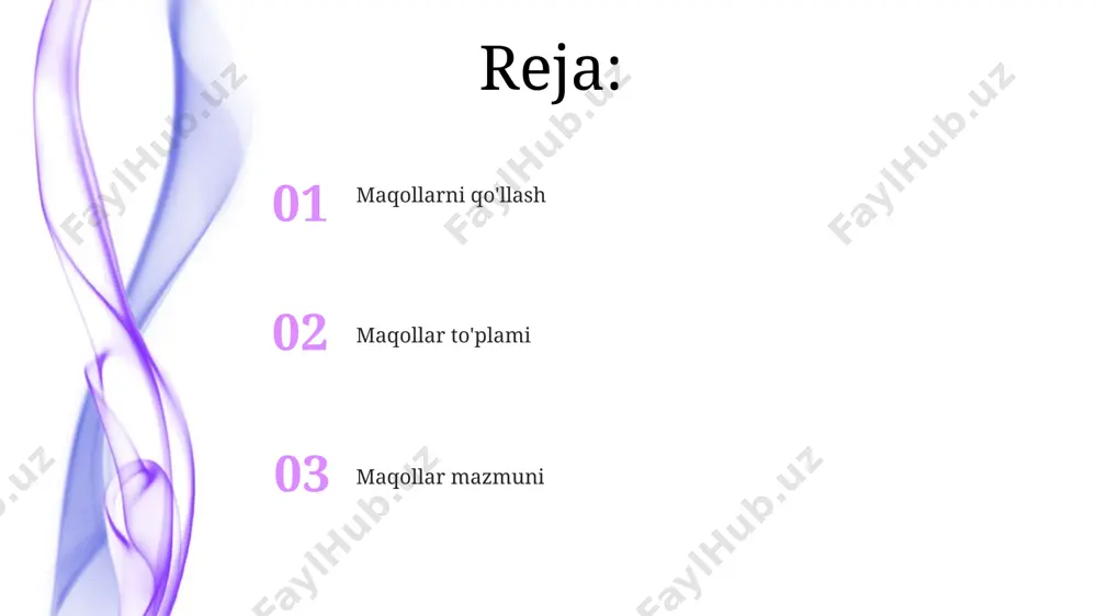 ri borligi haqida samarqandlik dono kishilarning 15-asrda aytgan maqollari, odamlarning yomon xatti-harakatlarini 7 ta asosiy toifaga ajratishga yordam bergan. bilimlar haqida maqollar buxoro shahridan kelib chiqqan 3 ta maqol, bilim olishning 5 ta yo'lini, masalan, kitob o'qish, o'qituvchidan so'rash va boshqalarni, ta'kidlaydi. farg'ona vodiysidagi 15 ta maqol to'plami, bilim va mehnatning o'zaro bog'liqligini, 2 ta muhim jihatini – sabr va tirishqoqlikni ta'kidlaydi. hurmat haqida maqollar 1-dan 10-gacha bo‘lgan sonlarni bilish kabi, hurmat ham hayotda muhim ahamiyatga ega. samarqanddagi donishmandlarning aytishicha, hurmatsiz odam 10 ta yaxshilik qilsa ham, 1 ta yomonlik bilan barchasini yo‘q qiladi. o‘zbekistonning turli hududlarida, masalan, farg‘ona vodiysida, “hurmat qilganni, alloh ham hurmat qiladi” degan 2 ta maqolning birlashgan mazmuni keng tarqalgan. bu, hurmatning muhimligini ta’kidlaydi. yaxshilik haqida maqollar xorazm mintaqasidagi 5 ta qishloq aholisi tomonidan saqlangan 15 ta maqol yaxshilikning mukofotini, 20 yildan keyin ham uning samarasini ko'rish mumkinligini ta'kidlaydi. samarqand viloyatidan kelib chiqqan bir maqol, yaxshilik …