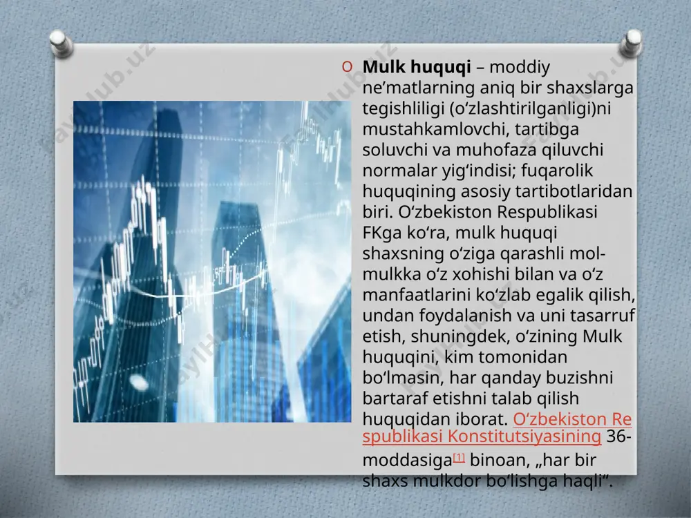 ag‘larnio‘zegasitomonidan, o‘zgalargafoydalanibturishuchunberish kredit shakligakiradi. mulkmilliyboyliknihosiletadi. mulk huquqini himoya qilishda fuqarolik huquqining normalari muhim rol o‘ynaydi. mulk huquqini himoya qilishning asosiy usullari: mulkni birovning qonunsizegallashidan talab qilib olish (vindikatsion da’volar). mulkdan foydalanishda mulk egasiga qilingan to‘sqinliklarni bartaraf etish (negator da’volar). mulk huquqini buzishga qaratilgan g‘ayriqonuniy bitimlar (shartnomalar)ni haqiqiy emas deb topish to‘g‘risidagi da’volar. asossiz olingan mulkni qaytarish yo‘li bilan qo‘riqlash. vindikasion da’vo – bu mol-mulkni boshqa shaxsning qonunsiz egaligidan talab qilib olishdir. ya’ni, unga ko‘ra, mulkdor o‘z mol-mulkini boshqa shaxsning qonunsiz egaligidan talab qilib olishga haqli. image3.jpeg image4.png image5.png image6.png image7.png image8.png image9.png image10.png image11.png image12.png image13.png image14.png image15.png image16.png /docprops/thumbnail.jpeg