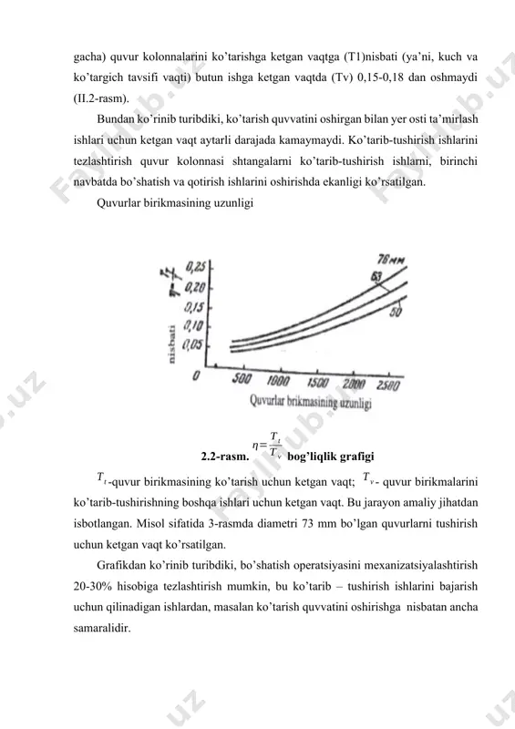 si shtangalarni ko’tarib-tushirish ishlarni, birinchi navbatda bo’shatish va qotirish ishlarini oshirishda ekanligi ko’rsatilgan. quvurlar birikmasining uzunligi 2.2-rasm. bog’liqlik grafigi -quvur birikmasining ko’tarish uchun ketgan vaqt; - quvur birikmalarini ko’tarib-tushirishning boshqa ishlari uchun ketgan vaqt. bu jarayon amaliy jihatdan isbotlangan. misol sifatida 3-rasmda diametri 73 mm bo’lgan quvurlarni tushirish uchun ketgan vaqt ko’rsatilgan. grafikdan ko’rinib turibdiki, bo’shatish operatsiyasini mexanizatsiyalashtirish 20-30% hisobiga tezlashtirish mumkin, bu ko’tarib – tushirish ishlarini bajarish uchun qilinadigan ishlardan, masalan ko’tarish quvvatini oshirishga nisbatan ancha samaralidir. svecha uzunligi oshirish esa ko’tarib – tushirish ishlari tezligini tezda so’ndiradi, qo’l mexanizatsiyasi darajasini oshirish esa unga juda kam vaqt ketishini ta’minlaydi. 2.3-rasm. bog’liqlik grafigi - quvurni ko’tarish va tushirish ishalriga ketgan vaqt; f- svechadagi quvurlar soni (svecha uzunligi va minora balandligini ko’rsatadi); n- ishlarni bajarishning mexanizatsiyalanganlik darajasi va ulrani vaqt bo’yicha bajarilish darajasini tavsiflovchi koeffitsiyent. tekshirishlar shuni ko’rsatadiki, ko’targich quvvatini, transmissiya va lebyodkalarni murakkablashtirish, ayniqsa minora balandiligini oshirish ko’tarib-tushirish ishlarini murakkablashtirish …