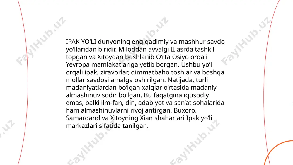 ozirda bu hududlar turizm uchun jozibador manzil hisoblanadi. yuneskoning butunjahon merosi ro‘yxatiga kiritilgan joylar soni: samarqand, buxoro va xiva. har yili minglab xalqaro sayyohlar ushbu tarixiy shaharlarni ziyorat qiladi, bu esa mamlakat iqtisodiyotiga sezilarli daromad keltiradi. turizm o‘zbekiston yaimining taxminan 3% ini tashkil etadi. ... t.me/slaydai_bot 13. ipak yo‘li va diplomatiya 13. ipak yo‘li va diplomatiya mavzusi markaziy osiyoga o‘rta asrlar davrida katta ta'sir ko‘rsatgan. ipak yo‘li osiyo va yevropa o‘rtasidagi savdo yo‘llarining majmuasini tashkil qilgan va savdo bilan birga madaniyat va fan-almoshinuviga yordam bergan. diplomatik aloqalar rivojlanib, turli davlatlar o‘rtasida siyosiy va iqtisodiy munosabatlar mustahkamlandi. ipak yo‘li orqali eron, xitoy, hind va arab madaniyatlari o‘rtasidagi aloqalar mustahkamlanib, bu mintaqa xalqlarining taraqqiyotiga turtki bergan. diplomatiya esa hududiy tinchlikni saqlash va davlatlar o‘rtasidagi masalalarni muzokaralar orqali hal qilishda muhim rol o‘ynagan. buyuk ipak yoʻli -muloqot va hamkorlik yoʻli eldorbek e'tiboringiz uchun raxmat! image1.png image2.png image3.png image4.jfif image5.png image6.jfif image7.jfif image8.jfif image9.jpg …