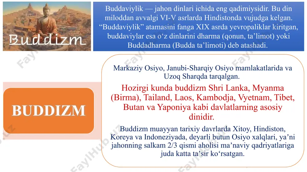 amizning 1-asrida yozilgan «abnixishkramansutra» - i asr. siddxartxa gautama rasmiy buddaviylik hisobiga ko‘ra - budda eramizdan avvalgi 623- yilda tug’ilib, 544-yilda vafot etgan. biroq, ko‘pchilik tadqiqotchilar uning tug‘ilishi eramizdan avvalgi 564-yilda, o‘limi esa 483-yilda deb hisoblaydilar. ba’zan 560-480 deb to‘liq sonlar bilan ko’rsatadilar. shakya qabilasining podshohlaridan biri shuddxodananing o‘g‘li edi. uning saroyi himolay tog‘lari etagida kapilavasti degan qishloqda bo‘lgan. (hozirda nepal hududida). onasi - malika mayya. podshoh o‘g‘lini orzu havaslar og‘ushida tarbiyalar, uni hech bir kamchiliksiz katta qiladi. ulg‘ayib qo‘shni podshohlardan birining qizi yashadxaraga uylanadi va o‘g‘il ko’rib, unga raxula deb ism qo‘yadi. hech bir qiyinchilik va kamchilik ko‘rmay o‘sgan bola siddxartxa ittifiqo qarigan cholni, bemorni, og‘ir mehnatli bir rohibni uchratadi. bundan qattiq ta’sirlangan shahzoda insoniyatni qiyinchilik va azobdan qutqarish yo’llarini axtarib saroyni tashlab ketadi. bu vaqtda u 30 yoshda edi. u beshta rohibga qo‘shilib, ular bilan qishloqma-qishloq kezib yuradi. ko‘p vaqt bu rohiblarga hamrohlik qilib, ularning yo‘llarida ma’lum maqsad …