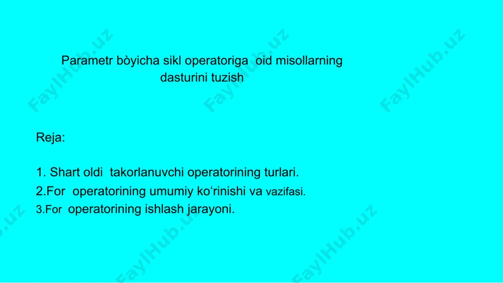 peratori while sikl operatori yechilayotgan masalaga qarab, dasturchi o'zi uchun qulay bo`lgan sikl operatoridan foydalanishi mumkin. python dasturlash tilida for sikl operatori sintaksisi quyidagicha for i in range(): # operator 1-misol 0 va 9 orasidagi sonlarni chiqarish dasturini tuzing: for i in range(10): print(i) ============ restart: /home/elmiramiryaxyoyeva/sonlarni chiqarish.py =========== 0 1 2 3 4 5 6 7 8 9 2-misol 4 va 9 orasidagi sonlarni chiqarish dasturini tuzing for i in range(4, 9): print(i) ============ restart: /home/elmiramiryaxyoyeva/sonlarni chiqarish.py =========== 4 5 6 7 8 3-misol 0 dan 9 gacha bo’lgan sonlar yig’indisini hisoblash dasturini tuzing. s=0 for i in range(10): s+=i print(s) ============ restart: /home/elmiramiryaxyoyeva/sonlarni chiqarish.py =========== 45 4-misol juft sonlarni chiqarish dasturini tuzing for i in range(1, 10): if i % 2 == 0: print(i) ============ restart: /home/elmiramiryaxyoyeva/sonlarni chiqarish.py =========== 2 4 6 8 5-misol toq sonlarni chiqarish dasturini tuzing for i in range(1, 10): if i % 2 …