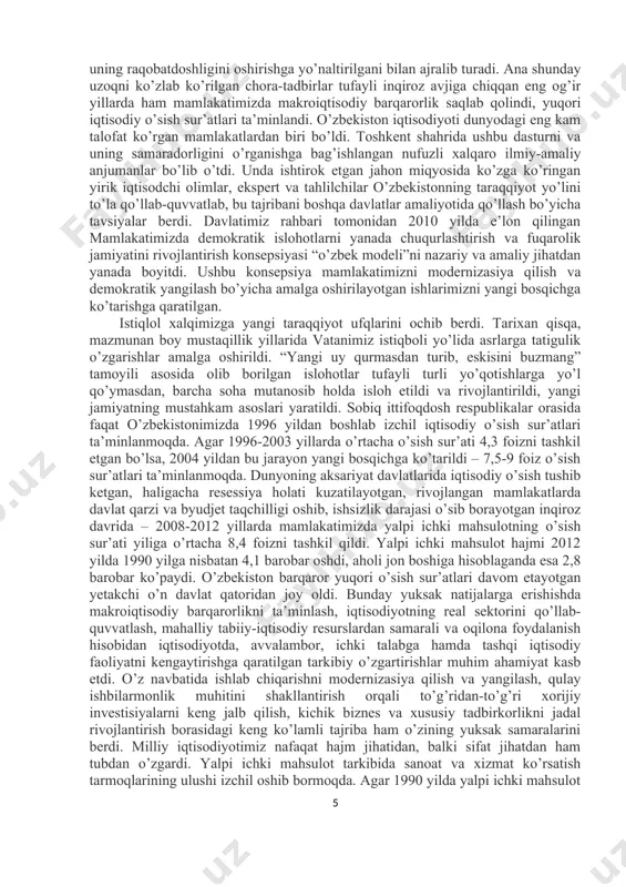 minlash; 6.jamiyatdagi barqarorlik, tinchlik, millatlar va fuqarolararo totuvlikni, sarhadlarimiz dahlsizligini, mamlakatimiz hududiy yaxlitligini ta’minlash; yurtimizda 80-yillar oxirida vujudga kelgan vaziyatni chuqur o’rgangan olimlar, ekspert va tahlilchilar aynan ana shu iborani qo’llaydilar. darhaqiqat, o’sha suronli yillarda o’zbekistondagi ahvol juda qaltis edi. o’sha paytda respublikamiz barcha asosiy iqtisodiy va ijtimoiy ko’rsatkichlar bo’yicha sobiq ittifoq respublikalari ichida oxirgi o’rinlarda turar edi. aholi jon boshiga milliy daromad ishlab chiqarish ittifoqdagi o’rtacha ko’rsatkichdan ancha kam edi. qishloq xo’jaligida paxta yakkahokimligi oqibatida oziq-ovqat masalasida o’zgalarga qaram edik. kundalik ehtiyoj uchun zarur iste’mol mollarining uchdan ikki qismi, hatto oddiy tuz va gugurt ham chetdan olib kelinardi. islom karimov o’zbekiston rahbari etib saylanganining ertasi kuniyoq hukumat majlisida respublikada vujudga kelgan o’ta murakkab ijtimoiy-iqtisodiy vaziyatga obyektiv baho berdi va uning kelib chiqish sabablarini chuqur tahlil qilib, shunday yakuniy xulosa chiqardi: “biz bundan buyon eskicha yasholmaymiz va bunday yashashga zamonning o’zi yo’l qo’ymaydi”. bu da’vat yurtimizda siyosiy va iqtisodiy mustaqillikka …