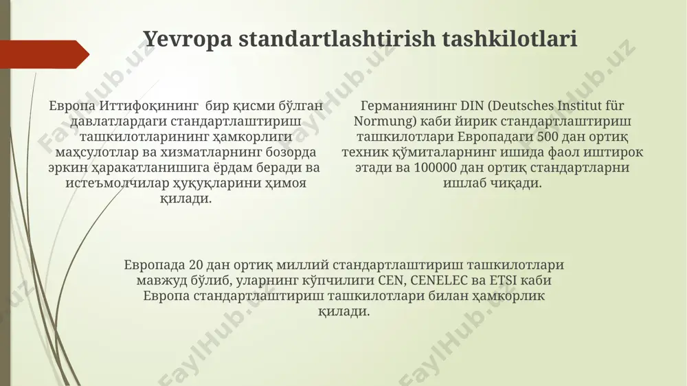 lan hamkorlik qiladi. standartlashtirish jarayoni стандартлаштириш жараёнида 50 дан ортиқ мутахассис иштирок этиб, улар тошкент, самарқанд ва бухоро каби шаҳарлардан келишади ҳамда техник қўмиталарнинг фаолиятини мувофиқлаштиришади. стандартлаштириш жараёни iso 9001 стандартига асосан 5 босқичдан иборат бўлиб, улардан бири сифат менежменти тизимининг ҳужжатлаштирилишини ўз ичига олади ва бу жараёнда дунёнинг 160 дан ортиқ мамлакати иштирок этади. стандартлаштириш жараёнининг муҳим босқичи сифатида, 2023 йилда ўзбекистон республикасида 10 та янги стандарт ишлаб чиқилди, булар халқаро талабларга мувофиқ келади ва ишлаб чиқаришнинг самарадорлигини оширишга хизмат қилади. kelajakdagi istiqbollar yevropa ittifoqi va osiyo mintaqalarida 2025-yilga qadar raqamli iqtisodiyotni rivojlantirish uchun 100 dan ortiq yangi standartlar qabul qilinishi va raqamli infratuzilma rivojiga turtki bo'lishi kutilmoqda. jahon standartlashtirish tashkilotlari soni 2030-yilga kelib 500 dan oshib, 150 dan ortiq davlatni qamrab oladi, bu esa xalqaro hamkorlikni kuchaytiradi va yangi standartlarni ishlab chiqishni tezlashtiradi. afrika qit'asida 2028-yilga borib, 30 ta milliy standartlashtirish idorasi o'zaro hamkorlikni kuchaytirib, iqtisodiy taraqqiyotga hissa …