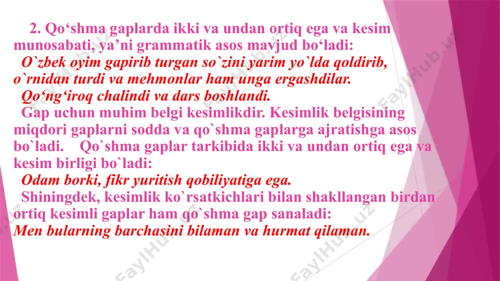 yoki uning biror bo‘lagini izohlaydi: fikr tiniq bo`lsa, nutq ravon bo`ladi. gapida ergash gap bosh gapni butunicha izohlayapti. siz shuni unutmangki, ota-ona uchun farzanddan yaqinroq kimsa yo`q. gapida esa ergash gap bosh gap tarkibidagi olmosh bilan ifodalangan to‘ldiruvchini (shuni) izohlayapti. ergash gap bosh gapdan oldin, bosh gapdan keyin, bosh gap ichida kelishi mumkin: kimki haddidan oshsa, u xalq e’tiboridan qoladi. gapim shuki, mening ishlarimga aralashmaysiz. o‘qituvchi, bolalar kelgach, darsga kiradi. ergash gaplar bosh gaplarga chunki, shuning uchun, -ki, agar, garchi, mabodo, go‘yo(ki) kabi ergashtiruvchi bog‘lovchilar, fe’lning ravishdosh, sifatdosh, harakat nomi shakllari, shuningdek, yuklama, ko‘makchilar, turli vazifadagi ko‘rsatish olmoshlari, kim – u, bunday – shunday, buncha – shuncha, qaysi – o‘sha, qayerda – u yerda kabi bir-biriga ishora ma’nosini bildiradigan so‘roq olmoshlari va ko‘rsatish olmoshlaridan iborat nisbiy so‘zlar, sababli, tufayli, deb so‘zlari orqali bog‘lanadi: biz kitobni sevamiz, chunki u bilim manbaidir. shunday yaxshi odatlarimiz borki, ularga hurmat bilan qarash lozim. hosil …