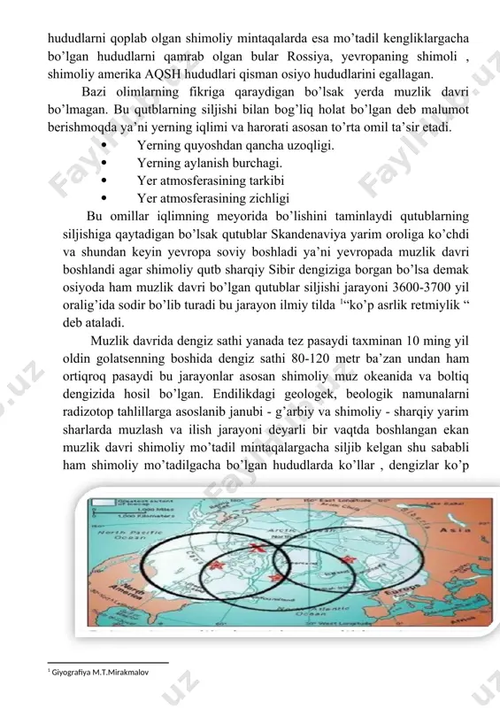 muzlatilgan cho’l osiyodan shimoiy amerikagacha cho’zildi bazi joylarda muzning qalinligi ikki kilometrgacha yetdi. 2. endi oligtsen davrida ham iqlim salqinlashdi. hindiston nihoyat ekvator ostiga birlashdi avstiraliya esa uzoqlashdi osiyo va antarktika o’rtasiga siljidi endi janubiy qitubda harorat o’zgarishi tufayli muz qatlamlari hosil bo’ldi bu dengiz sathining pasayishiga olib keldi pilotsen davriga kelib yer yuzi yanada soviy boshladi. o’rmonlar yo’qolib ketdi va o’rnida dashtlar paydo bo’ldi. bo’r davriga kelganda yer yuzida timsohdan katta bo’lgan hayvonlarning barchasi qirilib ketdi omon qolishga muvaffaq bo’lganlar yangi sharoitga moslashdi, yoki rivojlandi qit’alarning siljish jarayoni odam paydo bo’lgunga qadar davom etdi. mana shuning uchun ham qit’alarda bir xildagi o’simliklarni uchratish mumkin bir xil turga mansub hayvonlarni ko’ramiz senazoy erasining filora va faunasi katta, xilma –xilligi bilan ajralib turadi bu davr sutemizuvchilar va angiopermlar davri deb ataladi bundan tashqari biz bu davrni dashtlar, savannalar, hasharotlar va gulli o’simliklar davri deb aytsak bo’ladi. homo sapienslarning paydo bo’lgani yerdagi …
