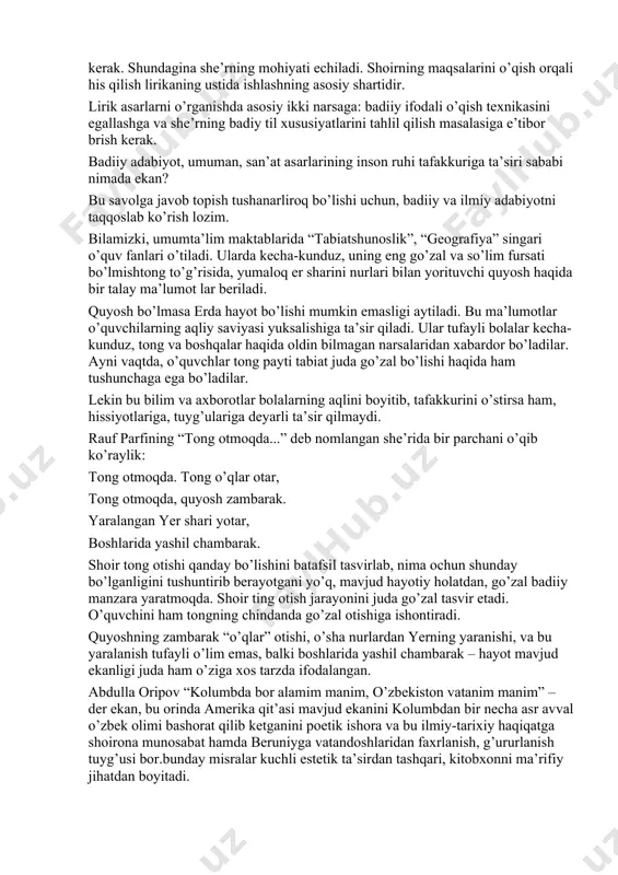 tashqari, kitobxonni ma’rifiy jihatdan boyitadi. yoki siz vatanparvarlik mavzuiga bag’ishlangan ikkita she’r o’qidingiz. ya’ni ikkovining mavzui birdek dolzarb. birinchisi sizga mutlaqo ta’sir etmadi, tuyg’ularingizni uyg’otmadi. ikinchisidan esa behad hayajonlandingiz, vatanga mehringiz ortdi, shu vatanga munosib farzand bo’lish tuyg’ularingiz yanada mavjlandi.bu, sherdagi badiiy mukammallik tufaylidir. demak, har qanday, hatto eng dolzarb mavzu ham faqat go’zal, yuksak saviyada, mukammal ravishda o’z ifodasini topgan taqdirdagina muhim ahamiyat kasb eta oladi. lirikada qahramonning ichki kechinmalari hayotning go’zal va xunuk tomonlari aks ettiriladi. lirik sherlarda yozuivchi o’zi to’g’risida, o’zining xayol va o’ylari, orzu istaklari, hissiyotlari va boshqa odamlarga, tabiatga bo’lgan munosabatlari haqida gapiriladi. lirik tur janrlarining asosida ham inson hayoti, muhabbati va nafrati, sevinchi va iztirobi o’zining badiiy ifodasini topadi. v-ix sinflarda lirik asarni organishning asosiy usuli o’qituvchi va o’quvchining ifodali o’qishidir. ifodali o’qish bilan o’quvchi sherda shoir tasvirlagan voqea, obraz haqida tasavvurga ega bo’ladi. bunga u har bir so’z, misra mazmuni chuqurkshtirish orqali erishadi. …