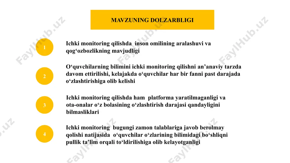 federal va shtat darajasida tartibga solinadi. maktablarda o‘quvchilarning yillik rivojlanishi maxsus testlar va baholash tizimlari orqali monitoring qilinadi. shu bilan birga, o‘qituvchilarning malakasini oshirish, ularning faoliyatini baholash va ta'lim jarayonining samaradorligini oshirish maqsadida turli dasturlar amalga oshiriladi. raqamli texnologiyalar keng joriy etilgan. norvegiya: har haftalik o‘lchovdan so‘ng o‘qituvchi bolangizning ishlash darajasini qayd etadi va uni oldingi o‘lchovlar va kutilgan o‘rganish stavkalari bilan taqqoslaydi. qiyosiy tahlil t.r amaldagi holat (o‘zbekistonda) amaldagi holat (xorijda) taklif 1 ichki monitoring olish tartibi yozma, test shaklida qog‘ozda olinadi yevropa davlatlarida monitoring tartibi onlayn rejimda olinadi akt dan foydalangan holda testlarni yechishda raqamlashtirishni yo‘lga qo‘yish 2 monitoring tizimi mavjud, lekin umumiy testlarga tayanadi, o‘quvchilarning individual ehtiyojlari hisobga olinmaydi fransiya davlati tomonidan bir xil standartlar o‘rnatilgan. monitoring jarayoni to’liq nazorat qilinadi va ma’lumotlarga asoslangan qarorlar qabul qilinadi o‘quvchilarga individual yondashuv qo'llash va rivojlanish dasturlarini ishlab chiqish zarur 3 o‘qituvchilar faoliyatini monitoring qilish va ularning kasbiy rivojlanishini kuzatish …